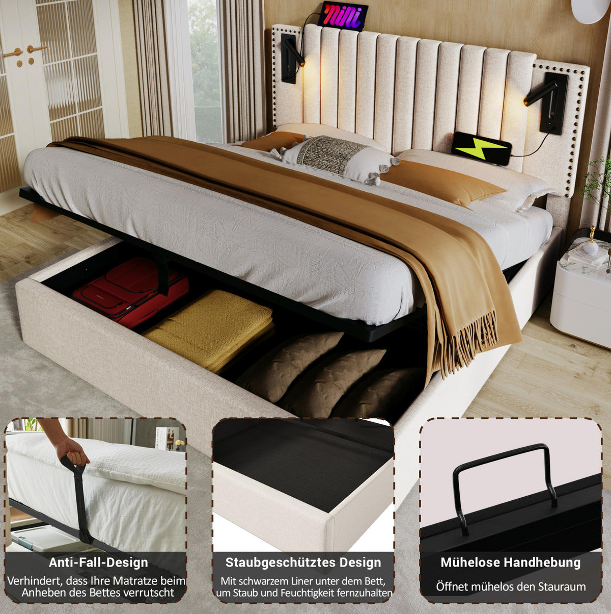 ČALOUNĚNÁ postel 140/200 cm béžová z bavlny s úložným prostorem a čtecím světlem USB-C - béžová, textil (140/200cm) - OKWISH