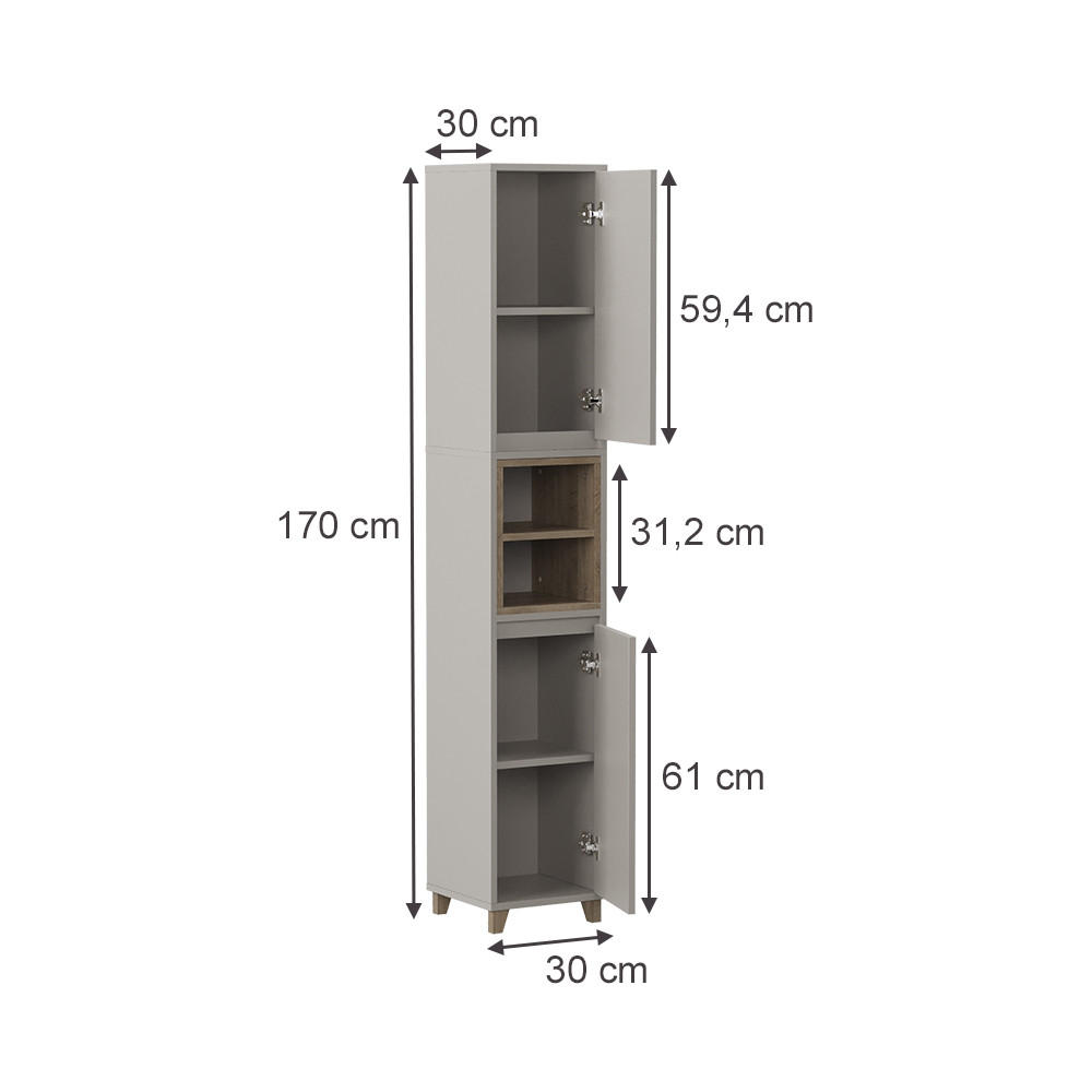 HOCHSCHRANK Elnor Greige/Eiche 30 x 170 cm mit 2 Türen - Greige/Eichefarben, Holzwerkstoff (30/170/30cm) - Vicco