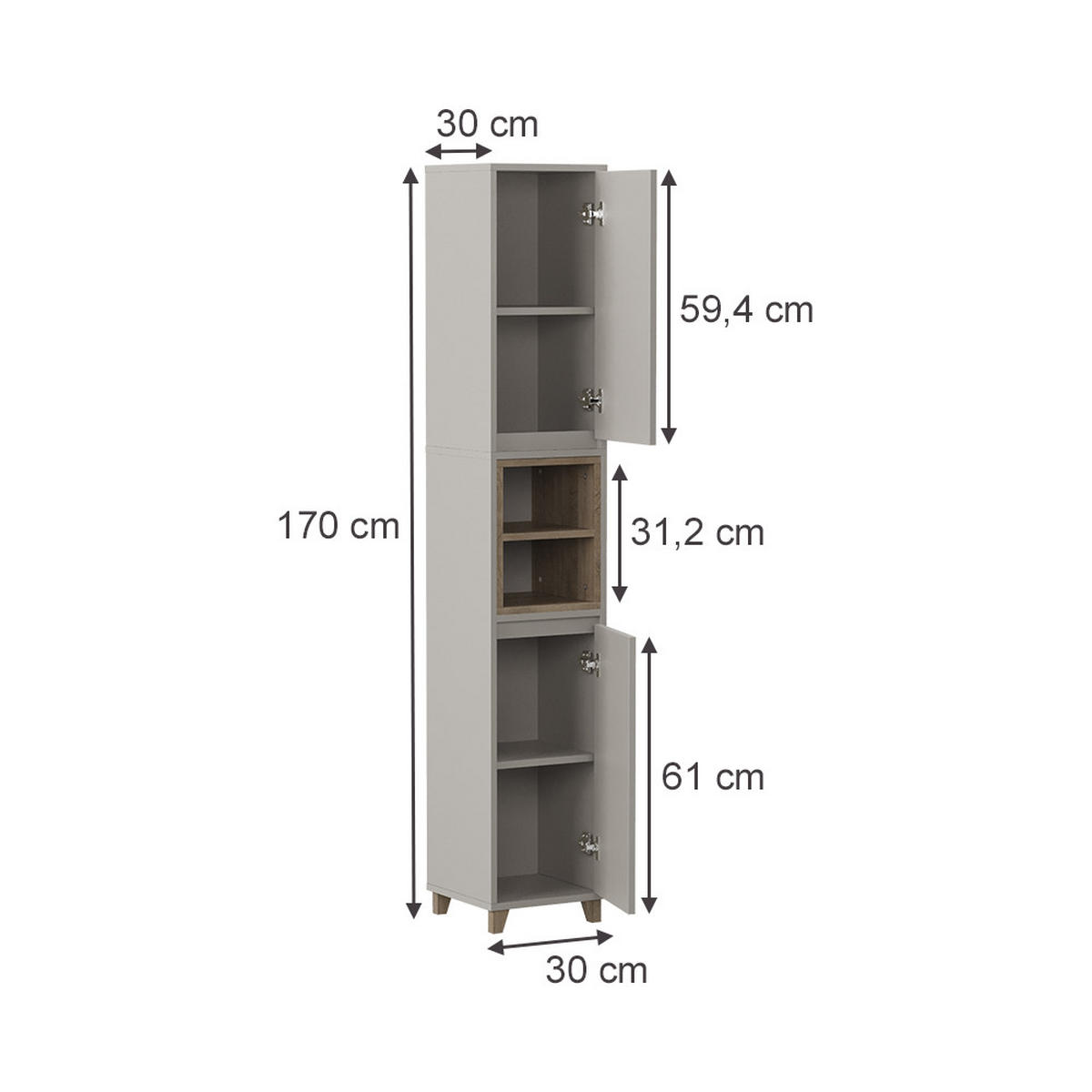 HOCHSCHRANK Elnor Greige/Eiche 30 x 170 cm mit 2 Türen - Greige/Eichefarben, Holzwerkstoff (30/170/30cm) - Vicco
