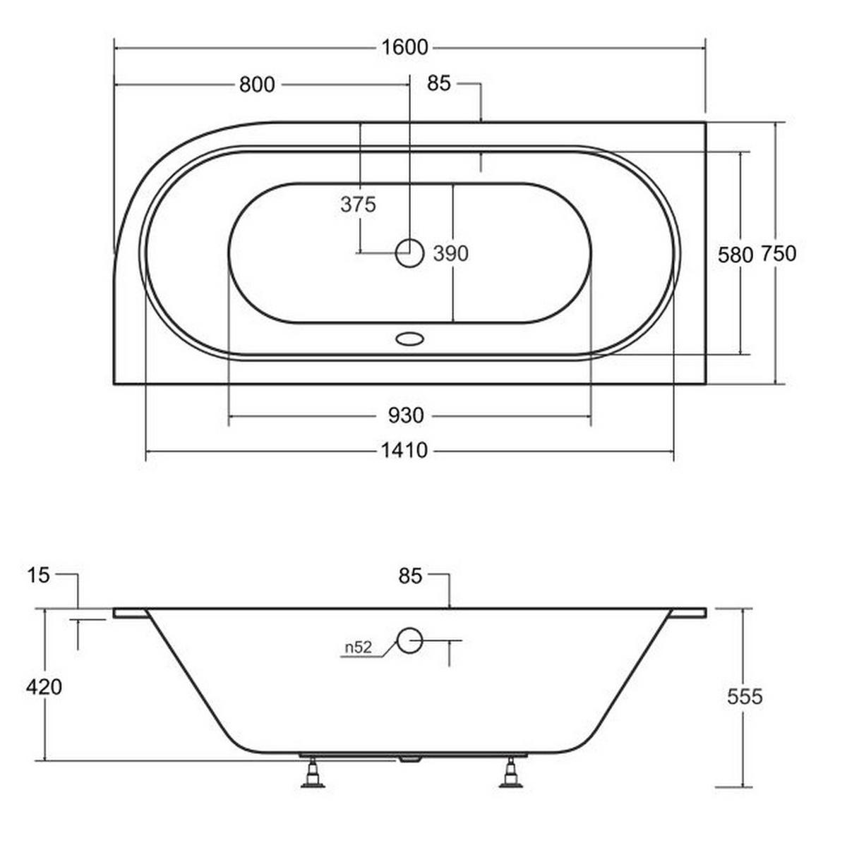 BADEWANNE Eckwanne AVITA SLIM 160/75 Links mit Styro Ablauf Füße - Weiß, Kunststoff (75/55.5/160cm) - bad land
