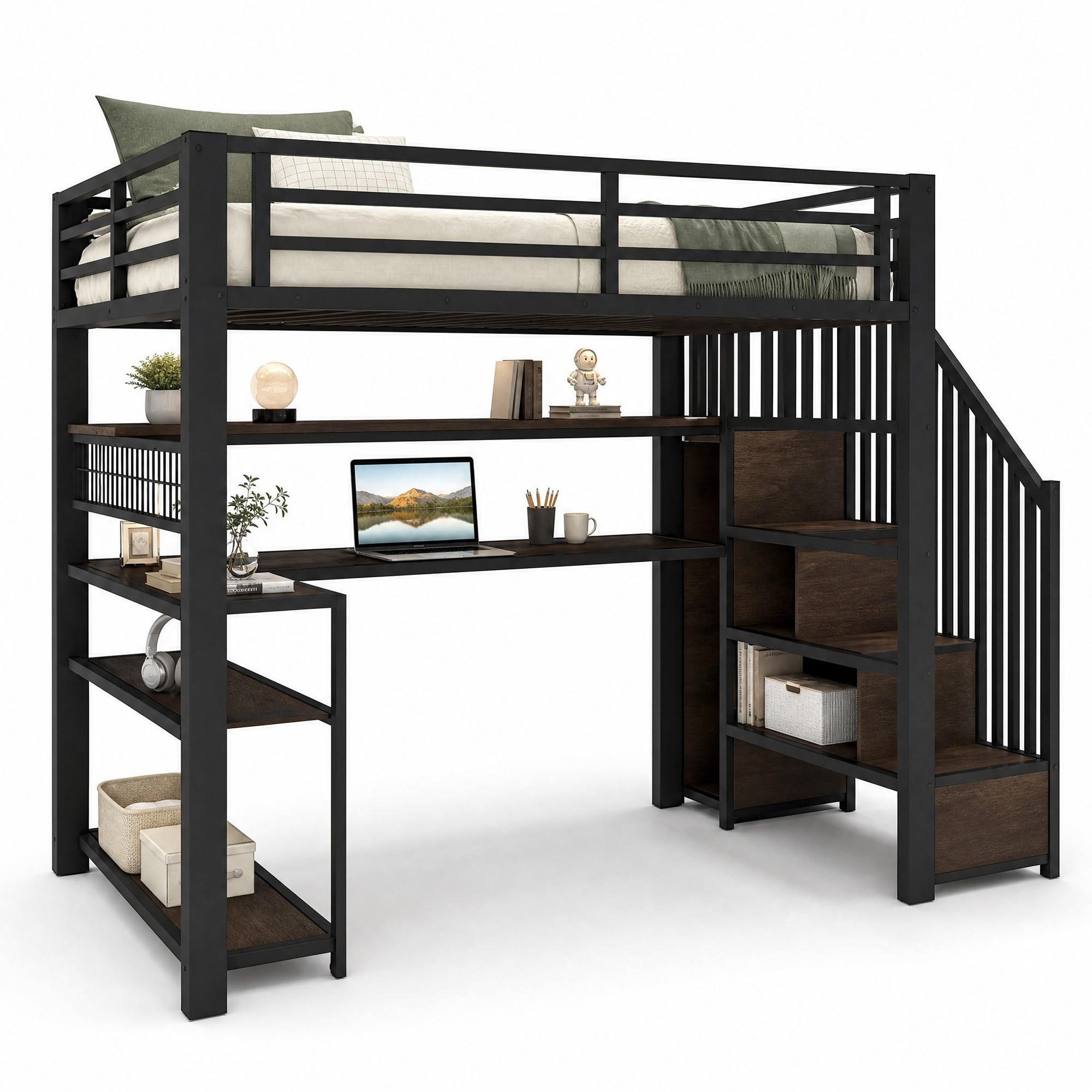 HOCHBETT 90/200 cm in Schwarz mit LED, Schreibtisch, Kleiderschrank und Stauraum - Schwarz, Holzwerkstoff/Metall (90/200cm) - CHICFURN