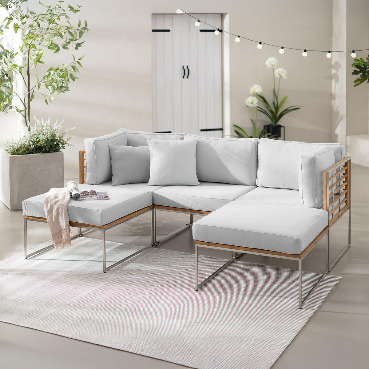 LOUNGESET - 5-teilig - Webstoff / Teak massiv - Hellgrau, Holz/Textil - home24