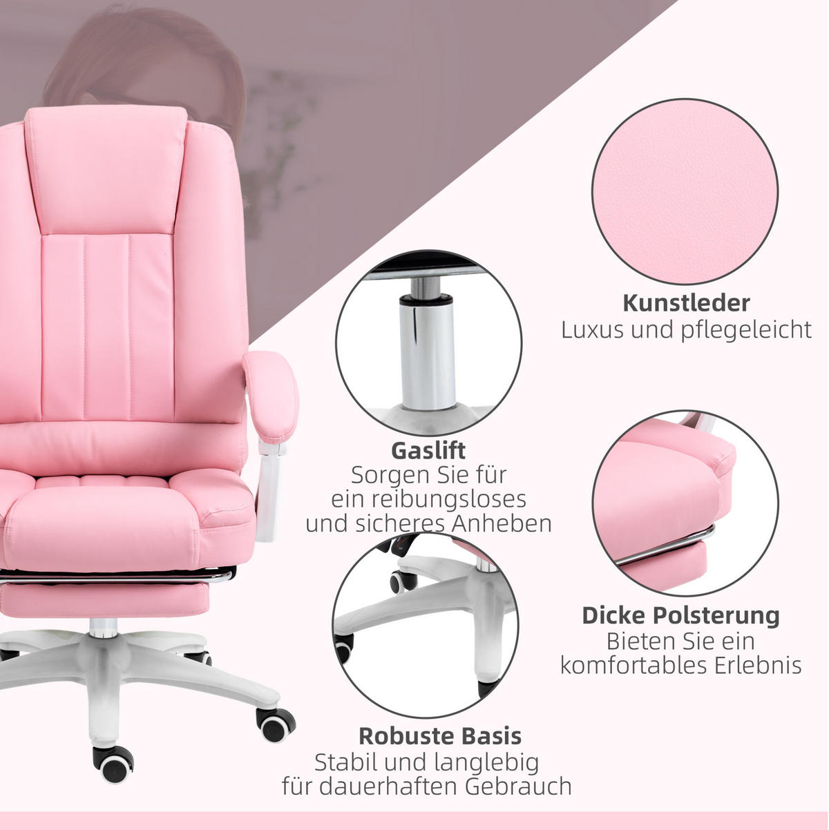BÜROSTUHL höhenverstellbar mit Fußstütze 65 x 68 x 107-116 cm Rosa - Rosa, Kunststoff (68/116/65cm) - Meubliv