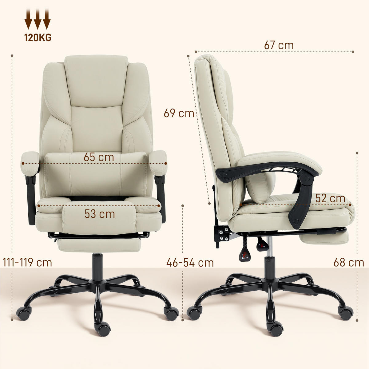 BÜROSTUHL Beige 67.0/65.0/119.0 cm - Beige, Leder (65/119/67cm)
