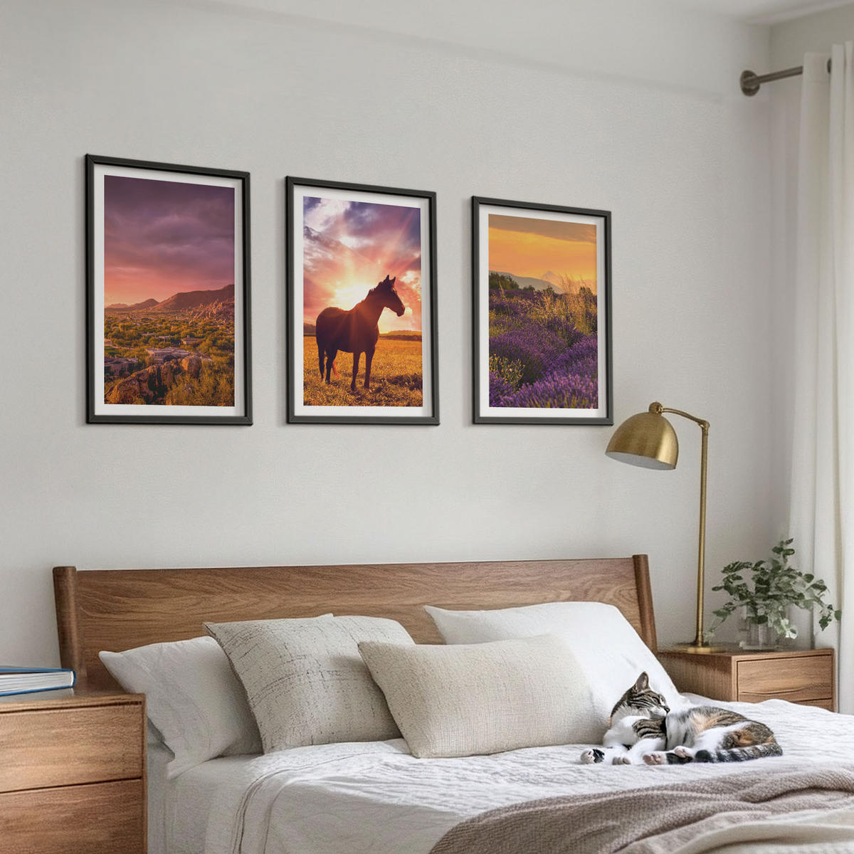 BILDER SET 3er Set - 40x60 cm Schwarzer Rahmen - Berglandschaft mit einem Pferd - Schwarz, Kunststoff (40/60cm) - TULUP