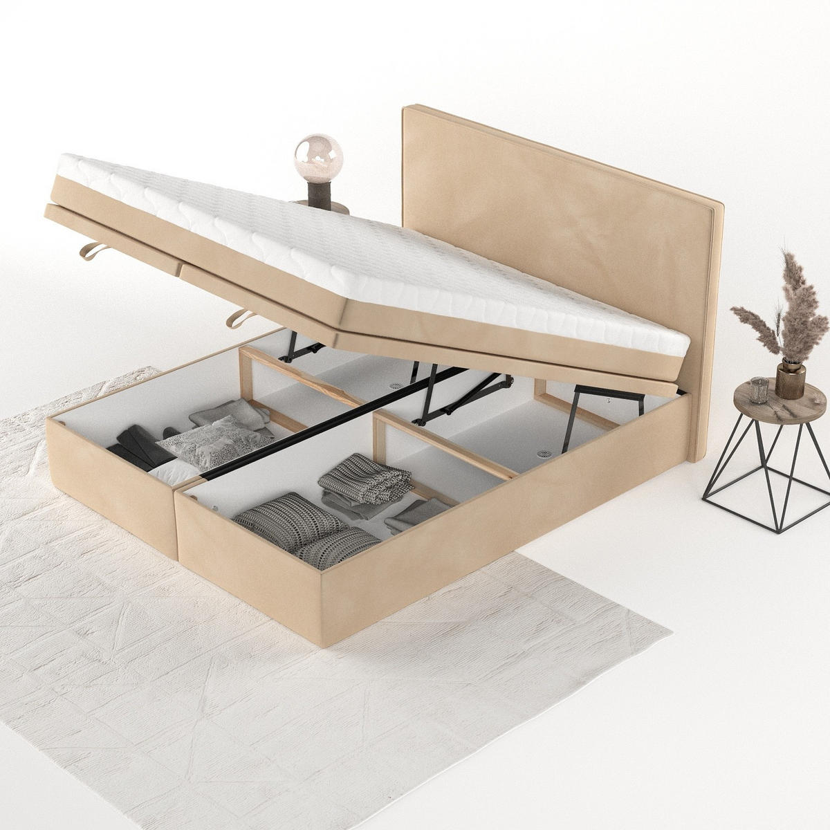 BOXBETT Zalla 140/200 cm Beige im Kronos Stoff - Beige/Schwarz, Holz/Holzwerkstoff (140/200cm) - AltaBeds