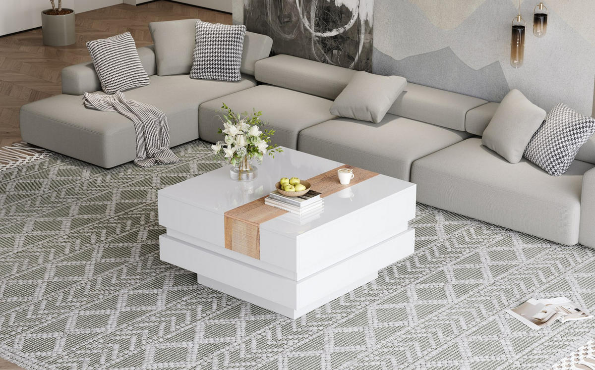 COUCHTISCH, weiß Hochglanz Tischplatte mit ausziehbarer Platte und verstecktem Staufach, 70/70/39 cm,Weiß - Weiß, Holzwerkstoff (70/70/39cm) - Redom