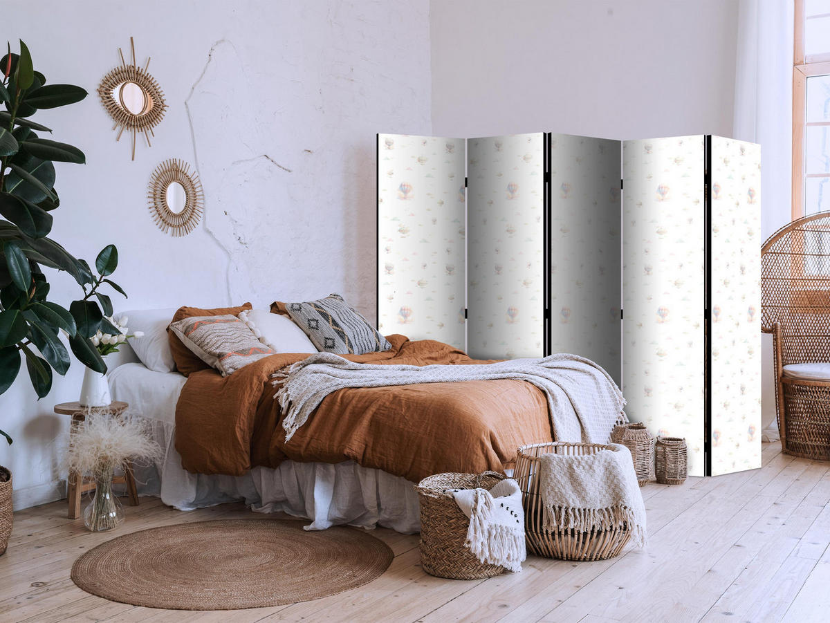 PARAVENT Einseitig Bedruckter 5-tlg 225x172 cm Luftballons Wolken - Weiß, Holz/Textil (225/172/3cm) - Muralo