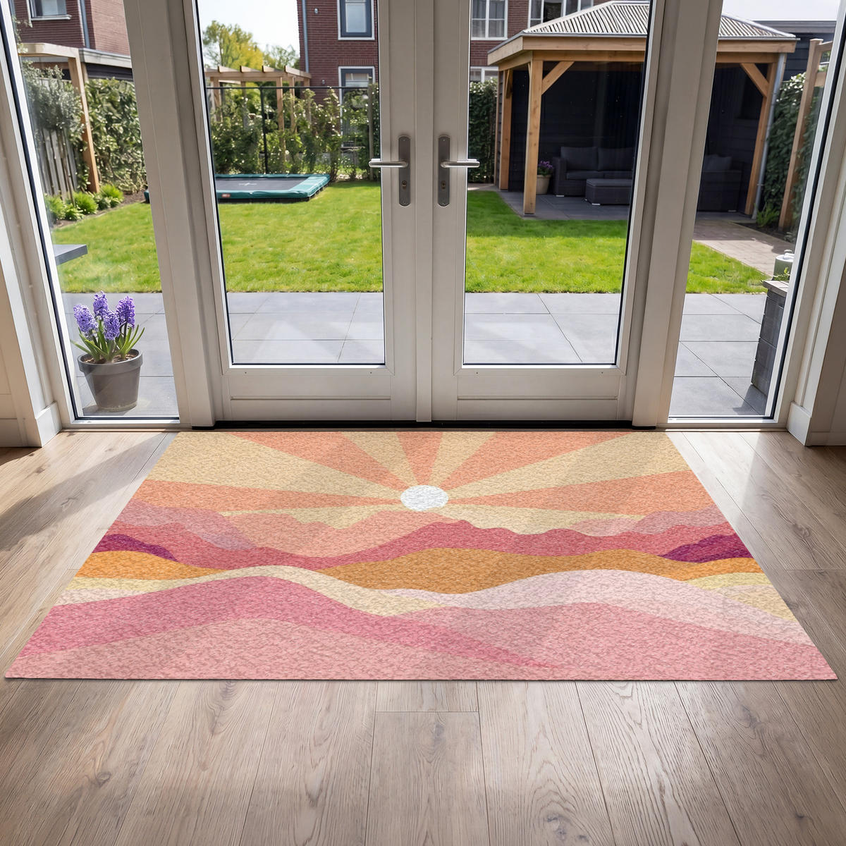 FUSSMATTE Berge - Abstrakt - Sonnenstrahlen - Rosa Sauberlaufmatte 180x120 cm - Rosa, Kunststoff (180/120cm) - MuchoWow