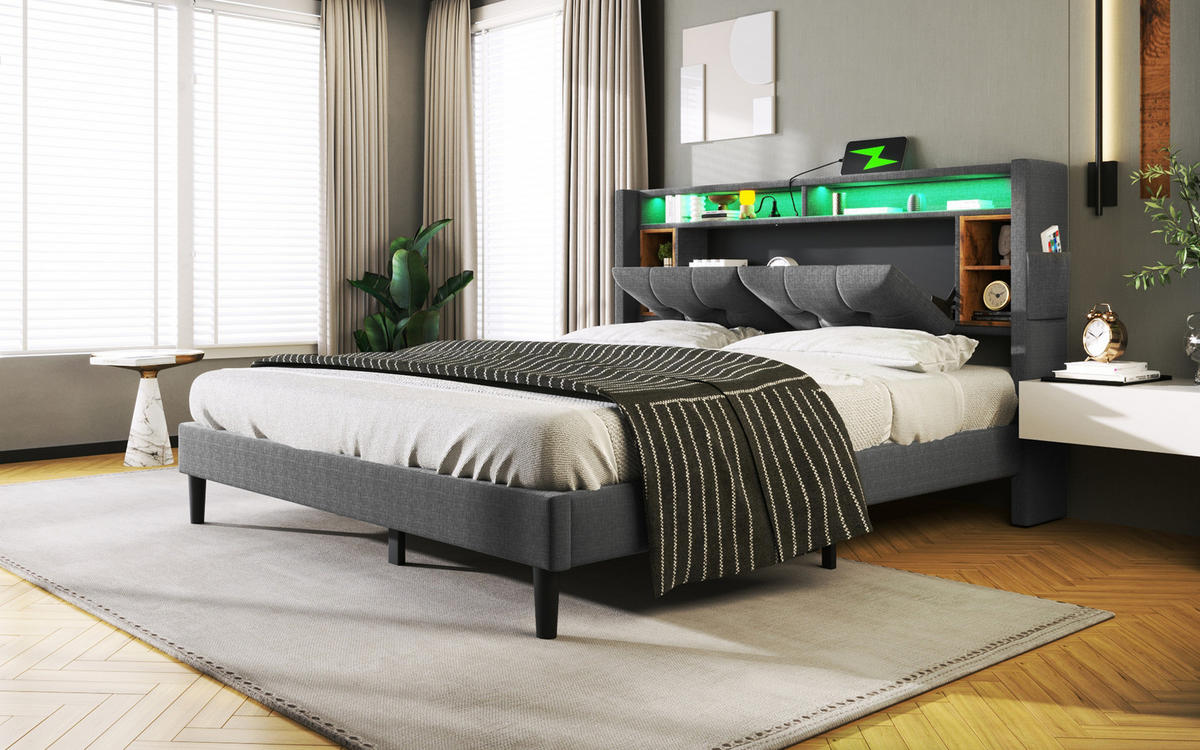 POLSTERBETT aus Massivholz 140x200 cm in Grau mit LED & USB-Ladestation - Grau, Holz (140/200cm) - Modfu
