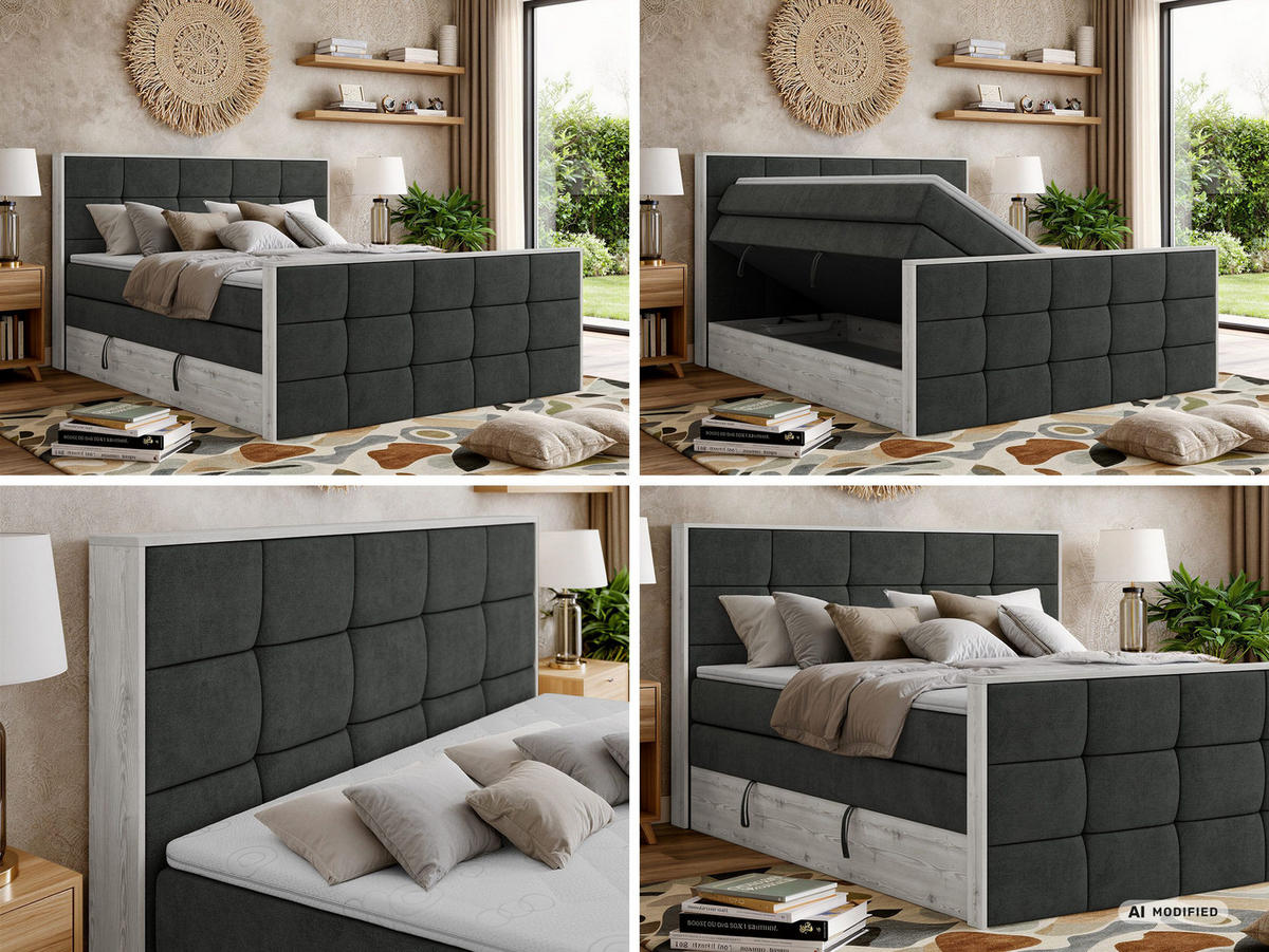 BOXSPRINGBETT ALNOR KING DUO 180/200 - Dunkelgrau Stukture - Topper Visco - H4 - Dunkelgrau/Schwarz, Kunststoff/Textil (180/200cm) - MKS