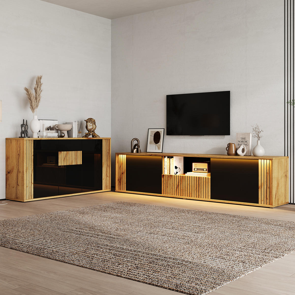 WOHNZIMMERSET 180×40×51cm Schwarz mit Sideboard - Schwarz/Naturfarben, Holzwerkstoff (180/51/40cm) - FLIEKS