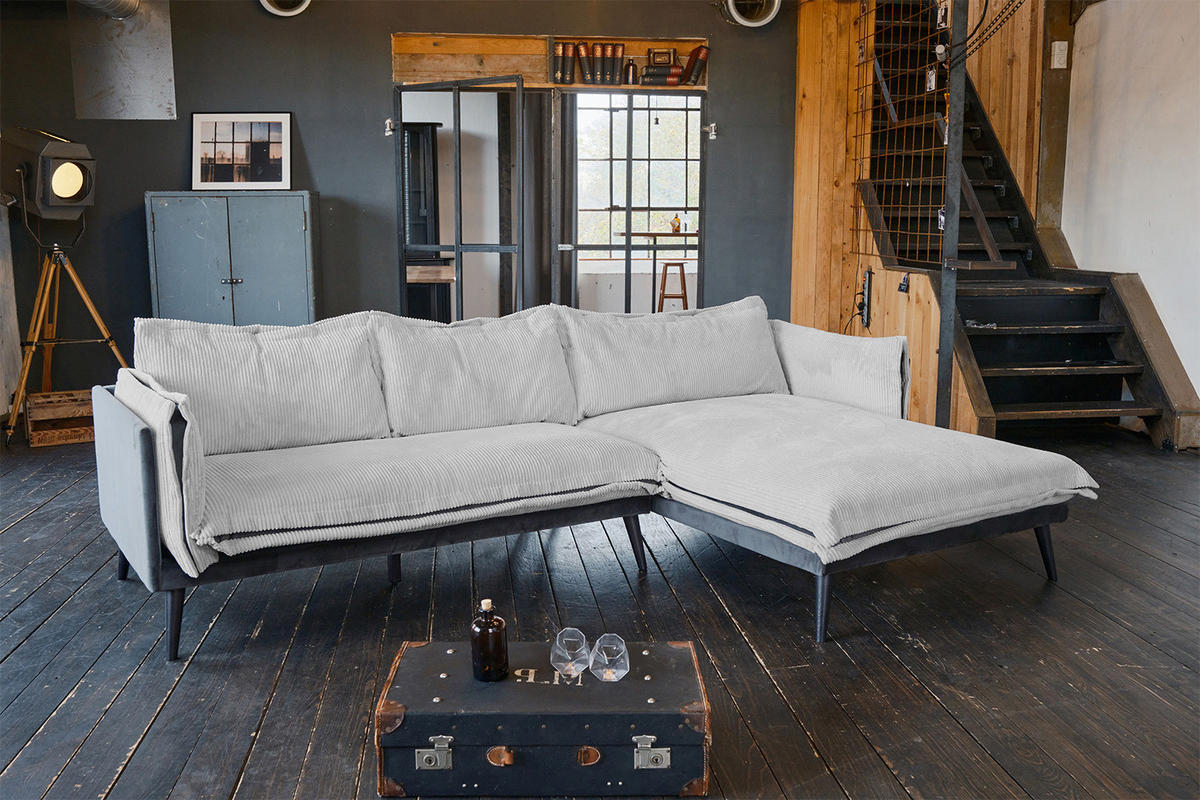 ECKSOFA QUENYA Hellgrau Velvet - Hellgrau/Schwarz, Textil (294/184cm) - KAWOLA