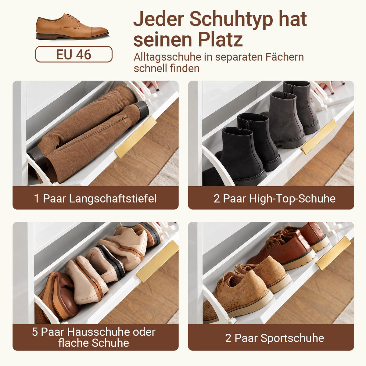 SCHUHSCHRANK weiß hochglanz, 100 x 88 x 19 cm, 4 Klappen für ca. 8 Paare bis EU 46, goldene Griffe und Füße - Weiß, Holzwerkstoff (100/90/19cm) - SoBuy
