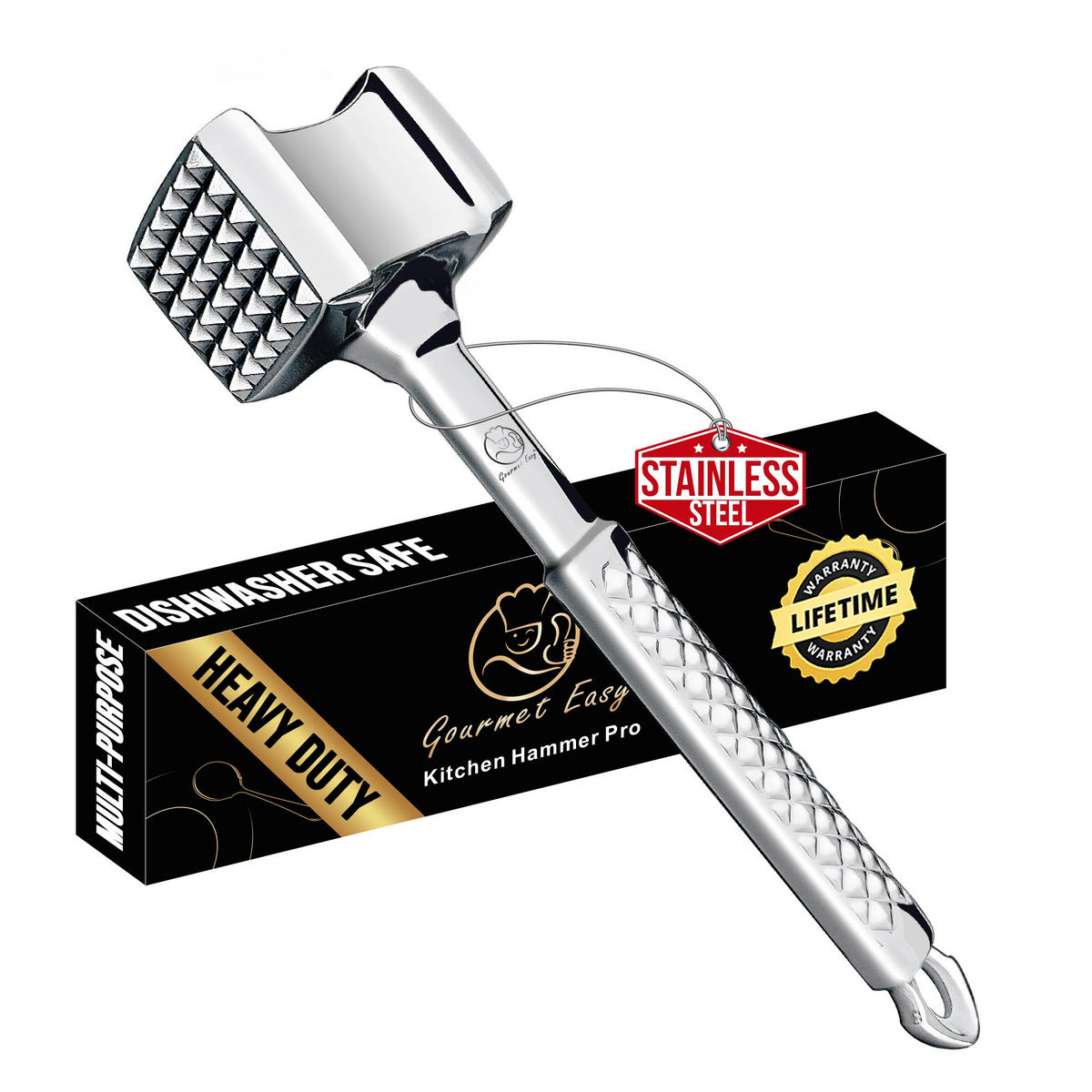 FLEISCHKLOPFER Original,Fleischhammer Hammer Original, Edelstahl, schweres Modell mit sicherem Griff - Edelstahlfarben, Metall (7.5cm) - Gourmet Easy