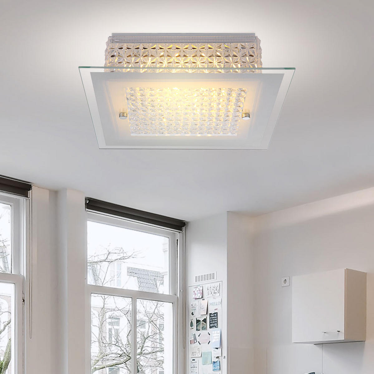 LED DECKENLEUCHTE Metall Weiß Kristalloptik - Weiß, Glas (30/30/8cm) - Globo Lighting