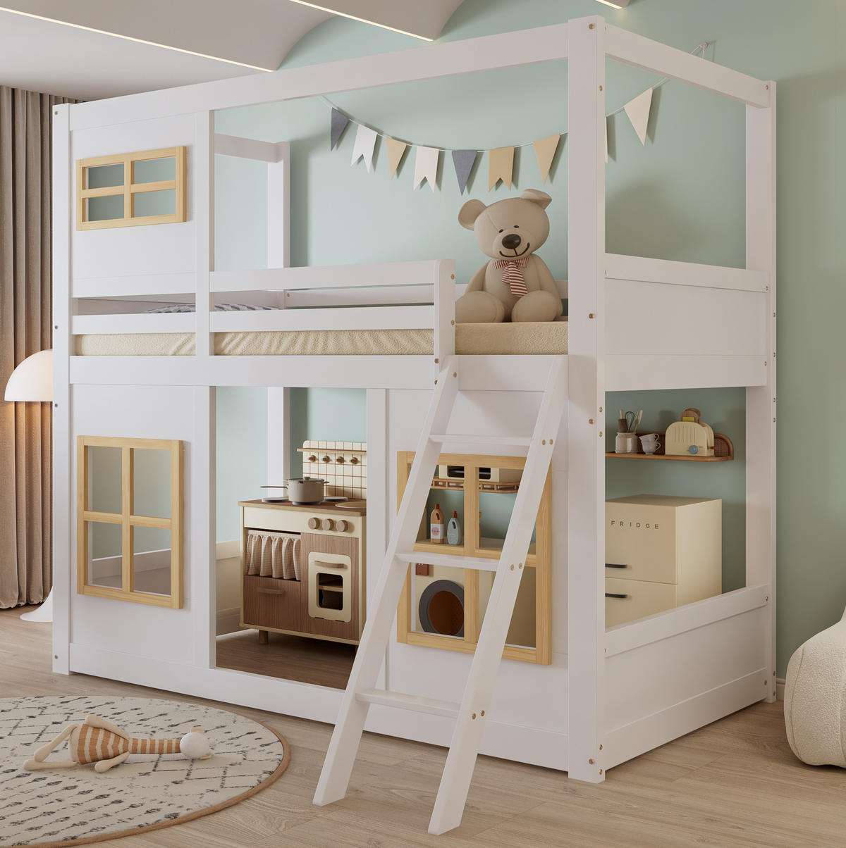 ETAGENBETT 90/200 cm weiß und natur aus Kiefer mit Fenstern - Weiß, Holz (90/200cm) - OKWISH