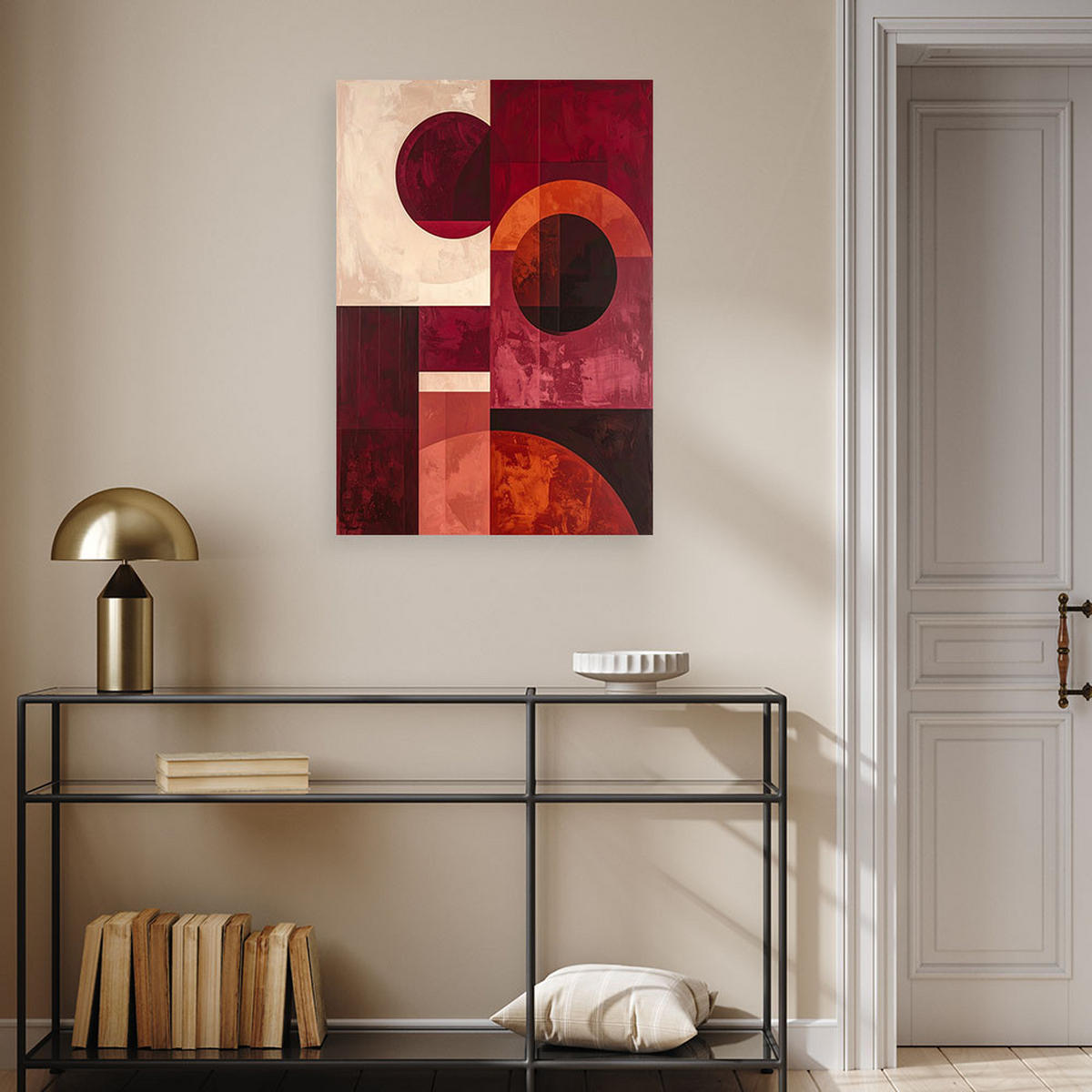 BILD auf Leinwand, Abstrakte Komposition mit bordeauxroten Kreisen und Rechtecken - Rot, Textil (20/30cm) - Feeby