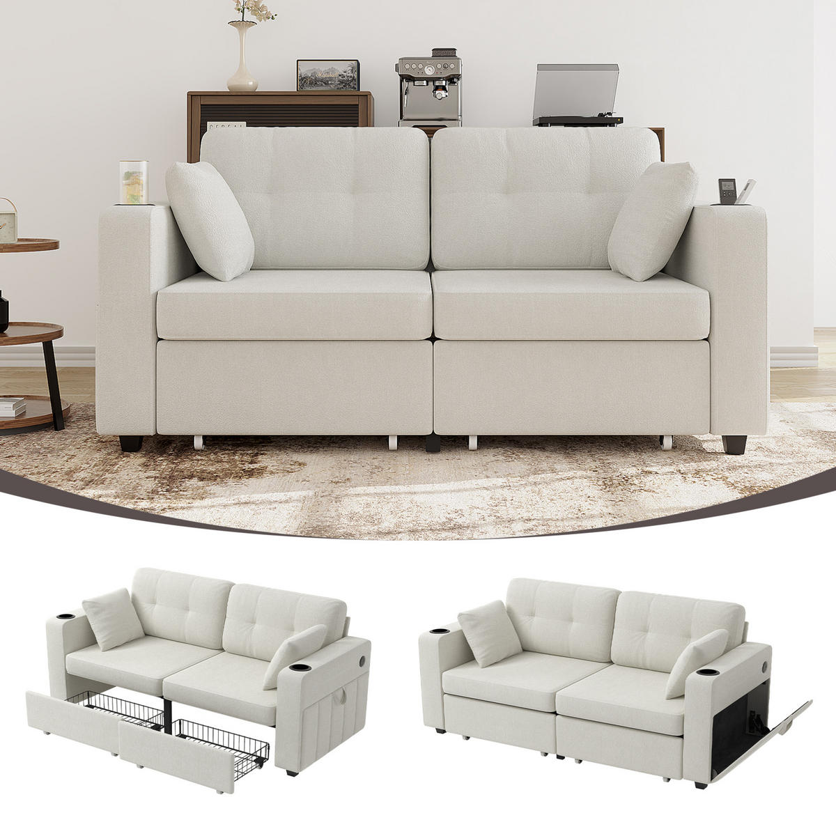 2-SITZER-SOFA 172/75/82 cm mit USB-Anschlüssen, Stauraumschubladen und Getränkehaltern, Chenille, Beige - Beige, Textil (172/82/75cm) - Redom