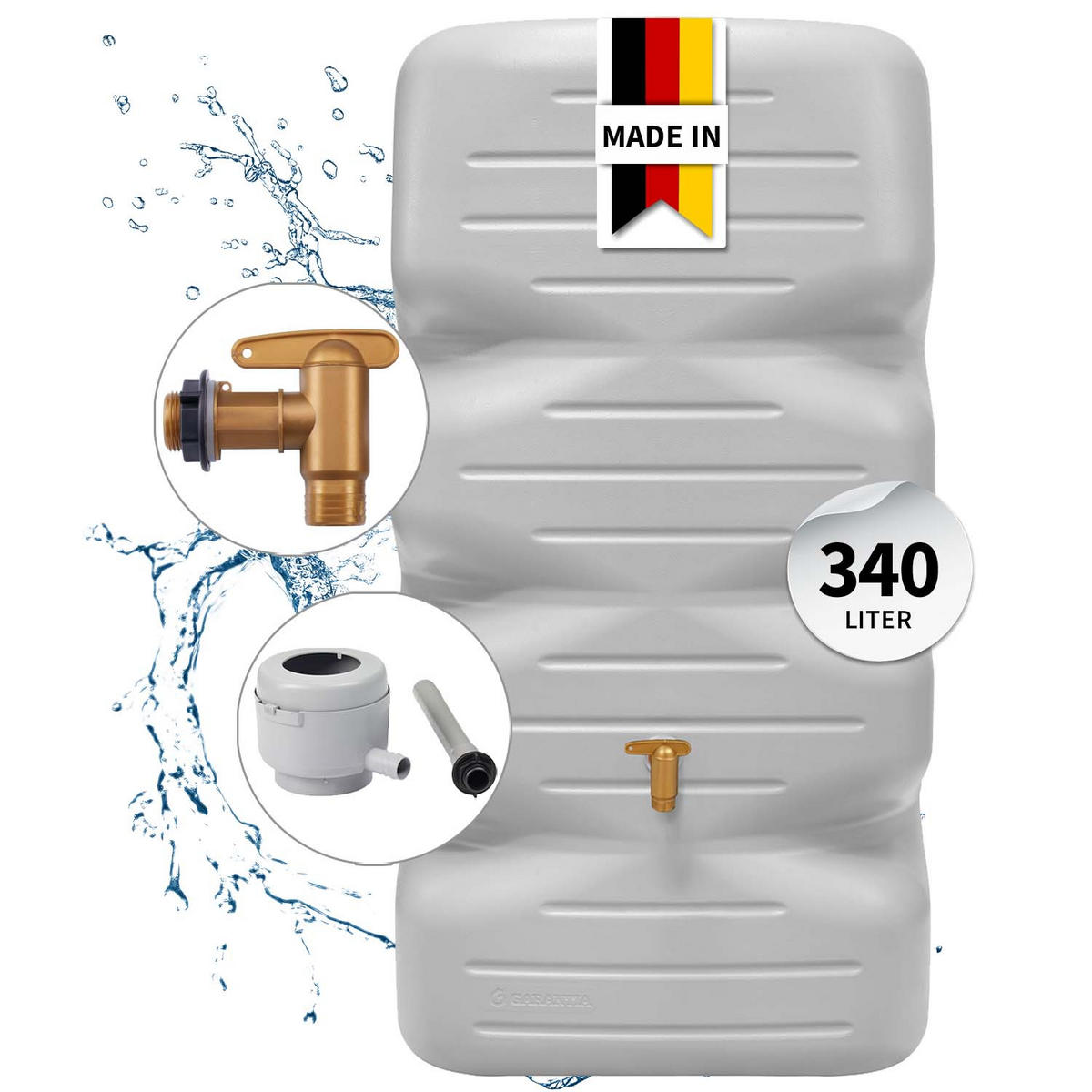 GARTENTANK Komplett-Set 340 L, betongrau inkl. Kunststoff-Auslaufhahn und Fallrohranschluss - Grau, Kunststoff (59/112/59cm) - GARANTIA
