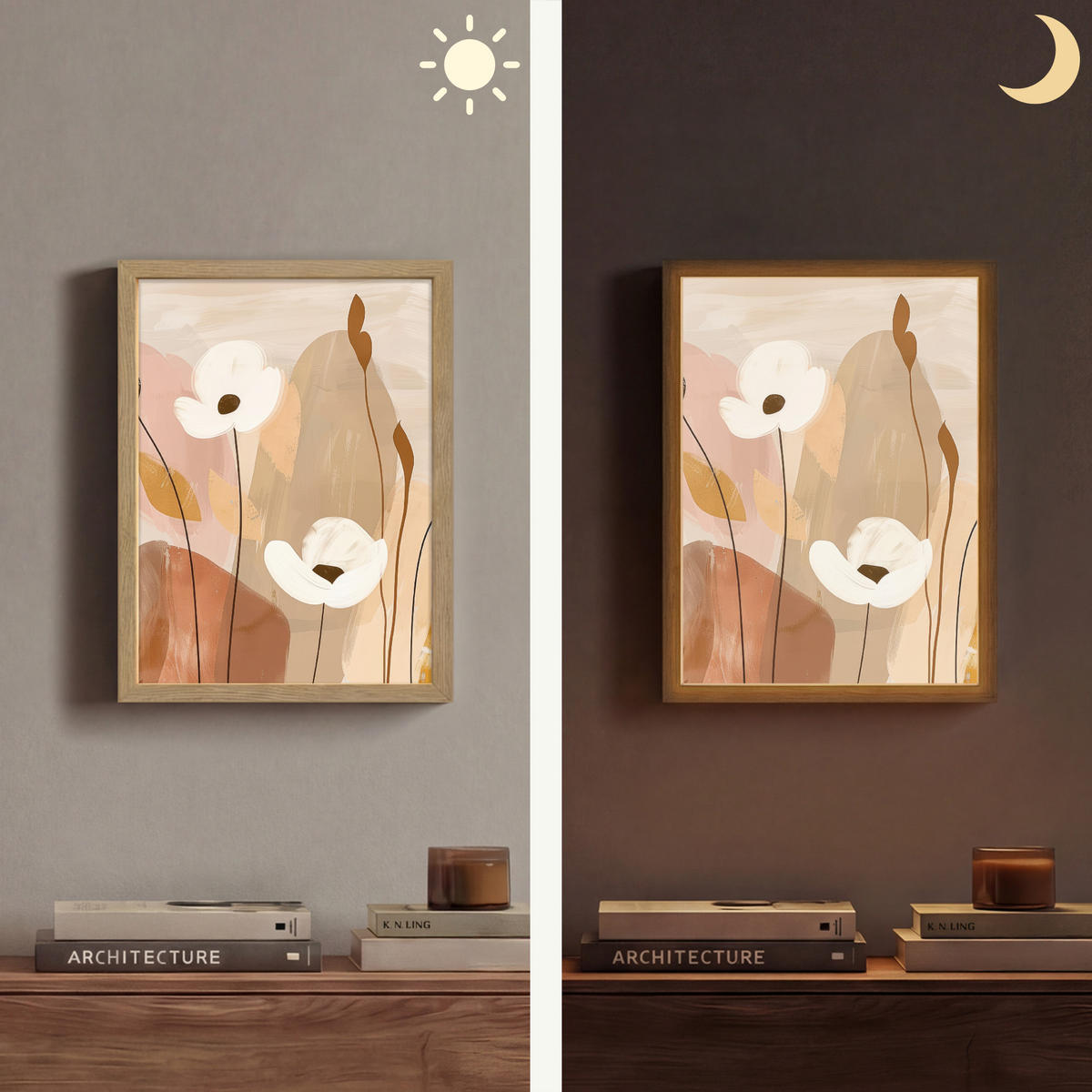 WANDLEUCHTE MIT AKKU Blumen - Abstrakt - Beige - Strichzeichnung 30x40 cm - Sandfarben, Holzwerkstoff (30/40/8cm) - OnlyWow
