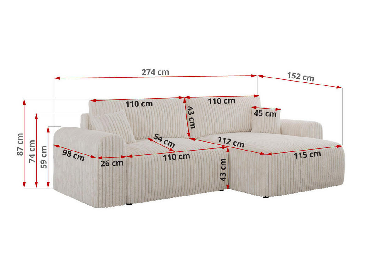 ECKSOFA NELSON Beige Cord - Beige/Schwarz, Kunststoff/Textil (274/152cm) - MKS