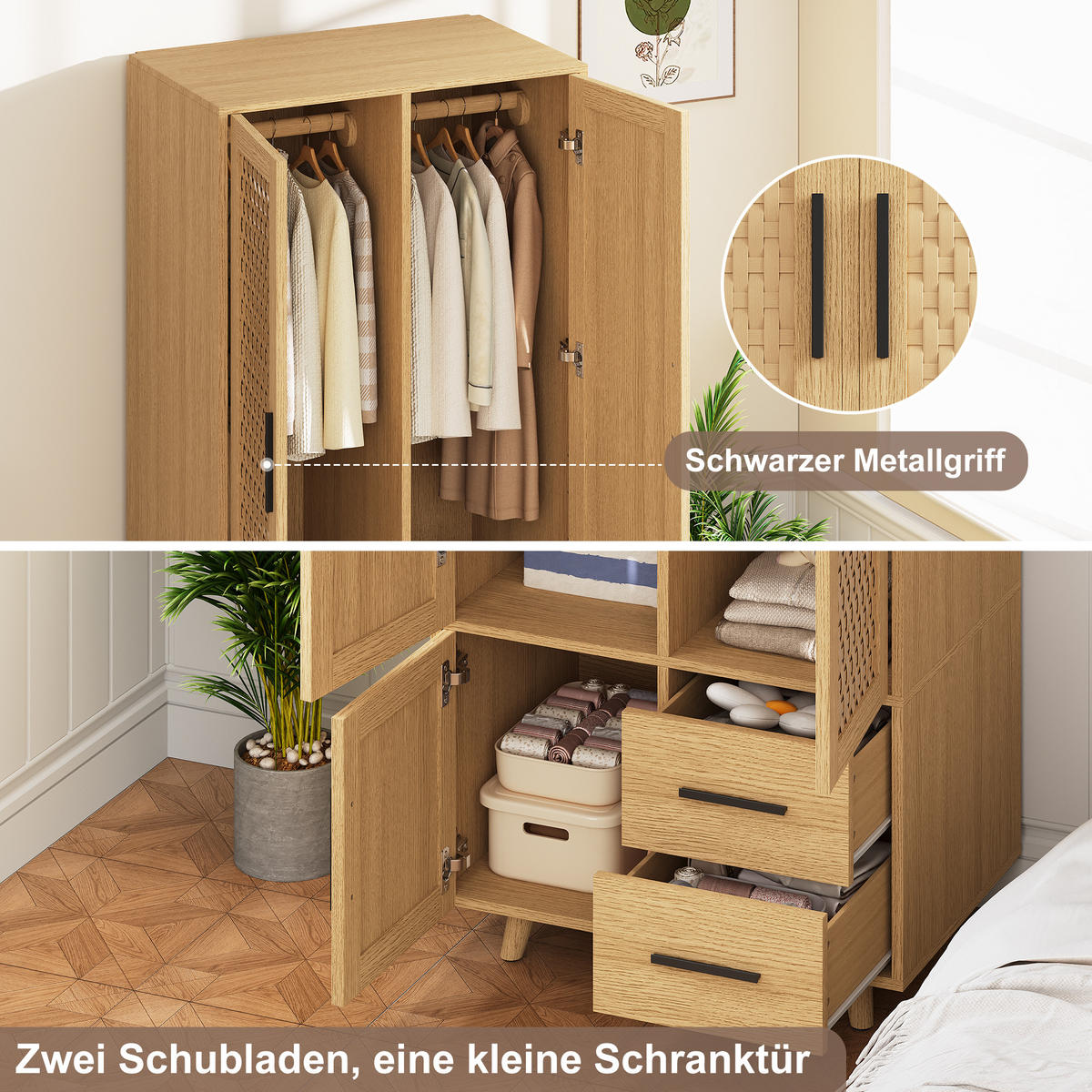 KLEIDERSCHRANK aus Rattan in Eichefarben, 2 Schubladen, integrierte Kleiderstange - Eichefarben, Holz (80/166/52cm) - EuroLiving