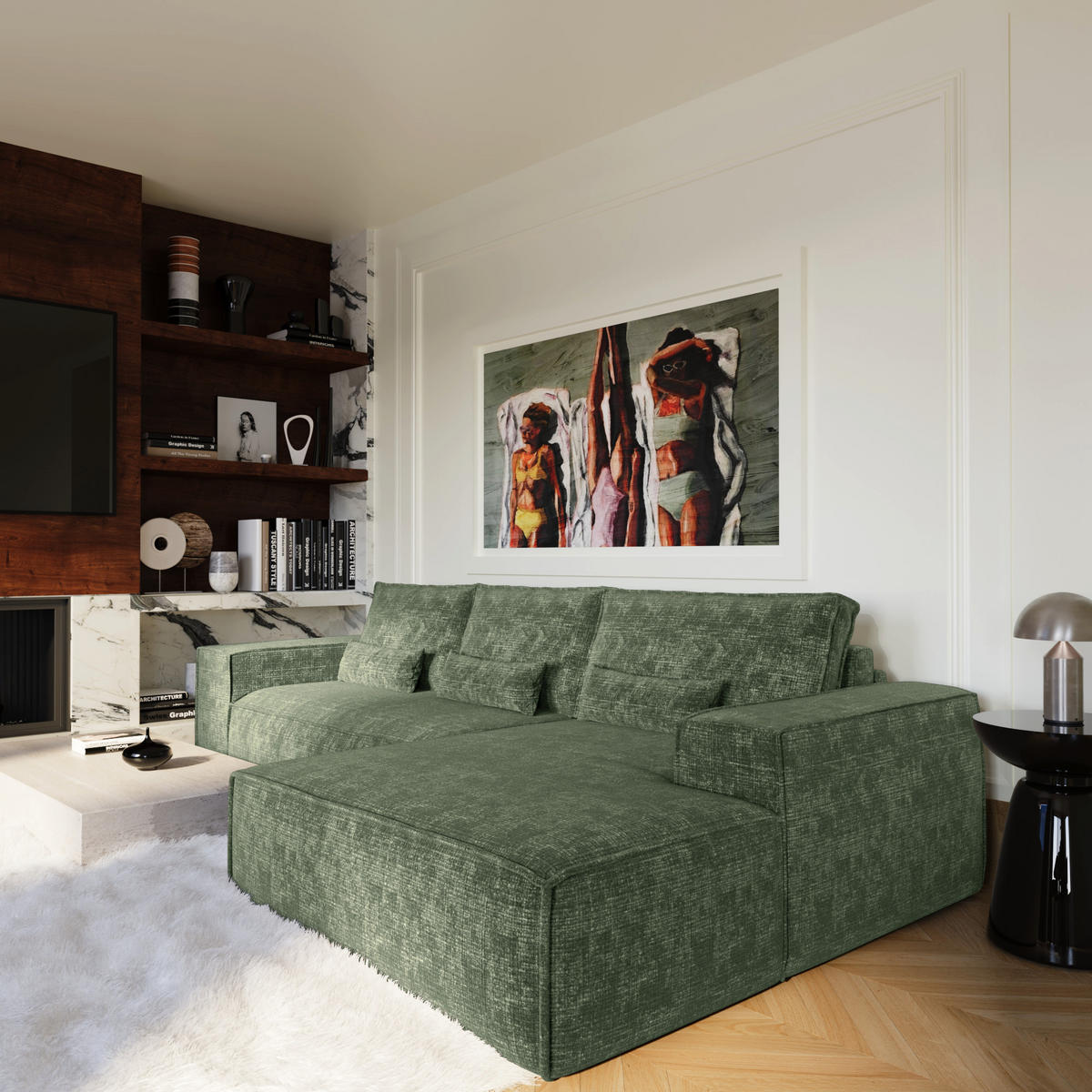 ECKSOFA rechtwinklig JUNE Geprägter Samt Smaragdgrün 320cm - Smaragdgrün/Grün, Textil (320/165cm) - Premium Interiors