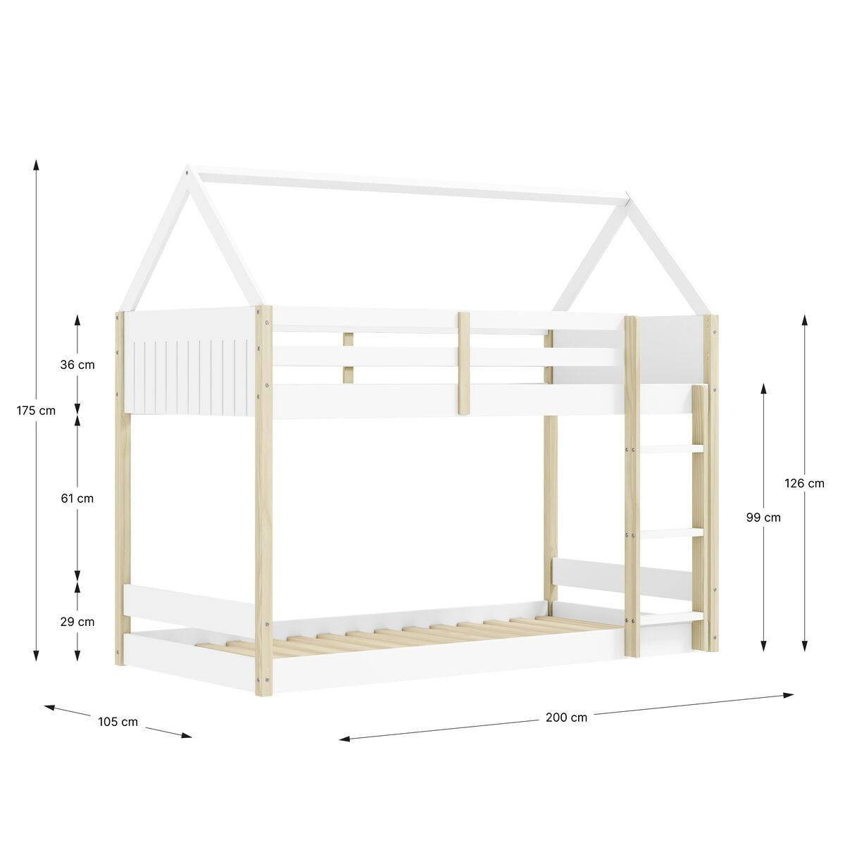 MONTESSORI Etagenbetten 90x190 cm in Hausform 104,7/200/174,9 cm - Weiß, Holz - Calicosy