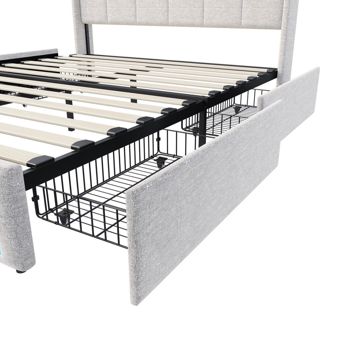 POLSTERBETT 140x200 cm mit Stauraumkopf und 4 Schubladen, LED-Leisten, USB-/Typ-C, Leinenstoff, Beige - Beige, Holz (140/200cm) - BRILVERDE