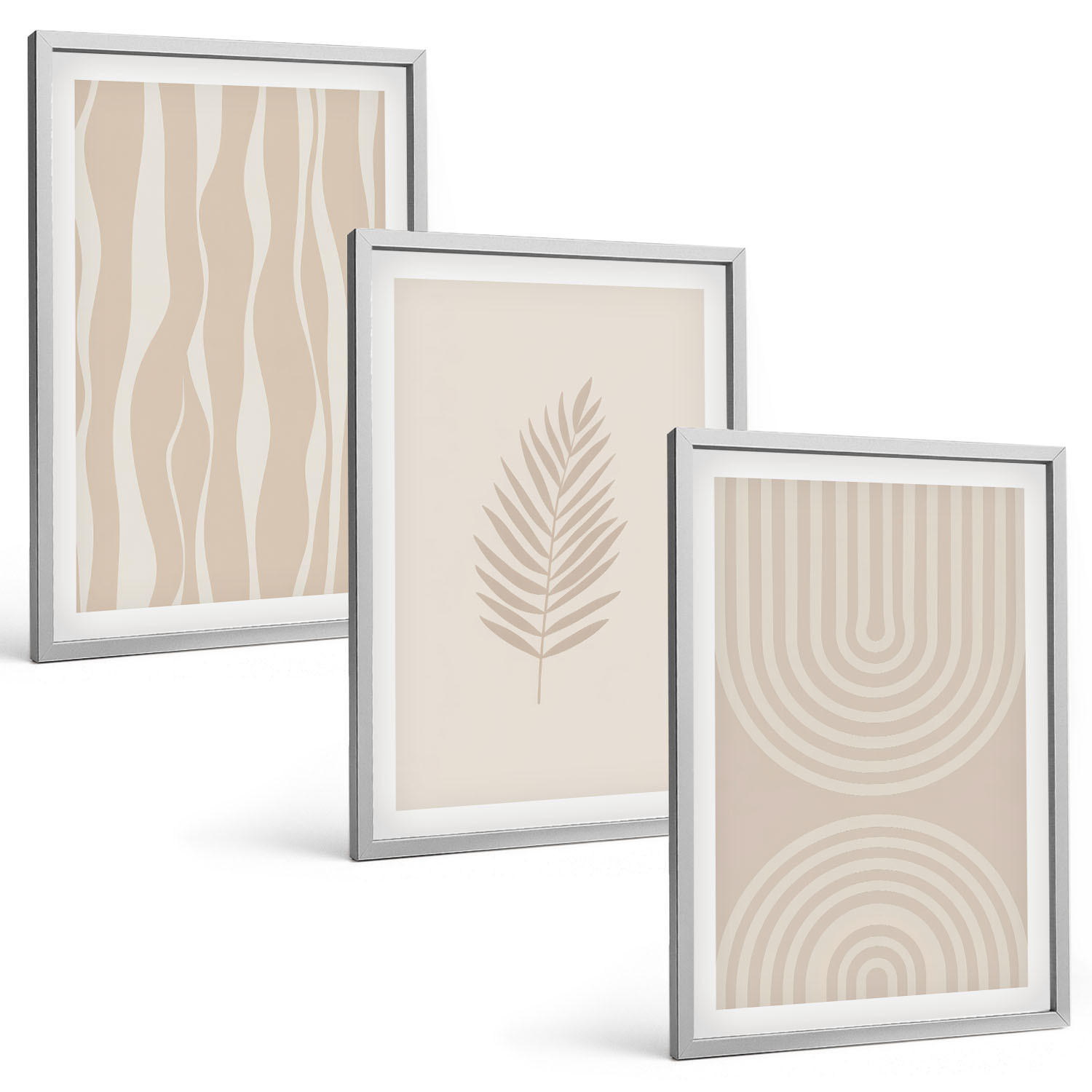 BILDER SET 3er Set - 40x60 cm Silberner Rahmen - Beige Pflanzenmuster - Silberfarben, Kunststoff (40/60cm) - TULUP