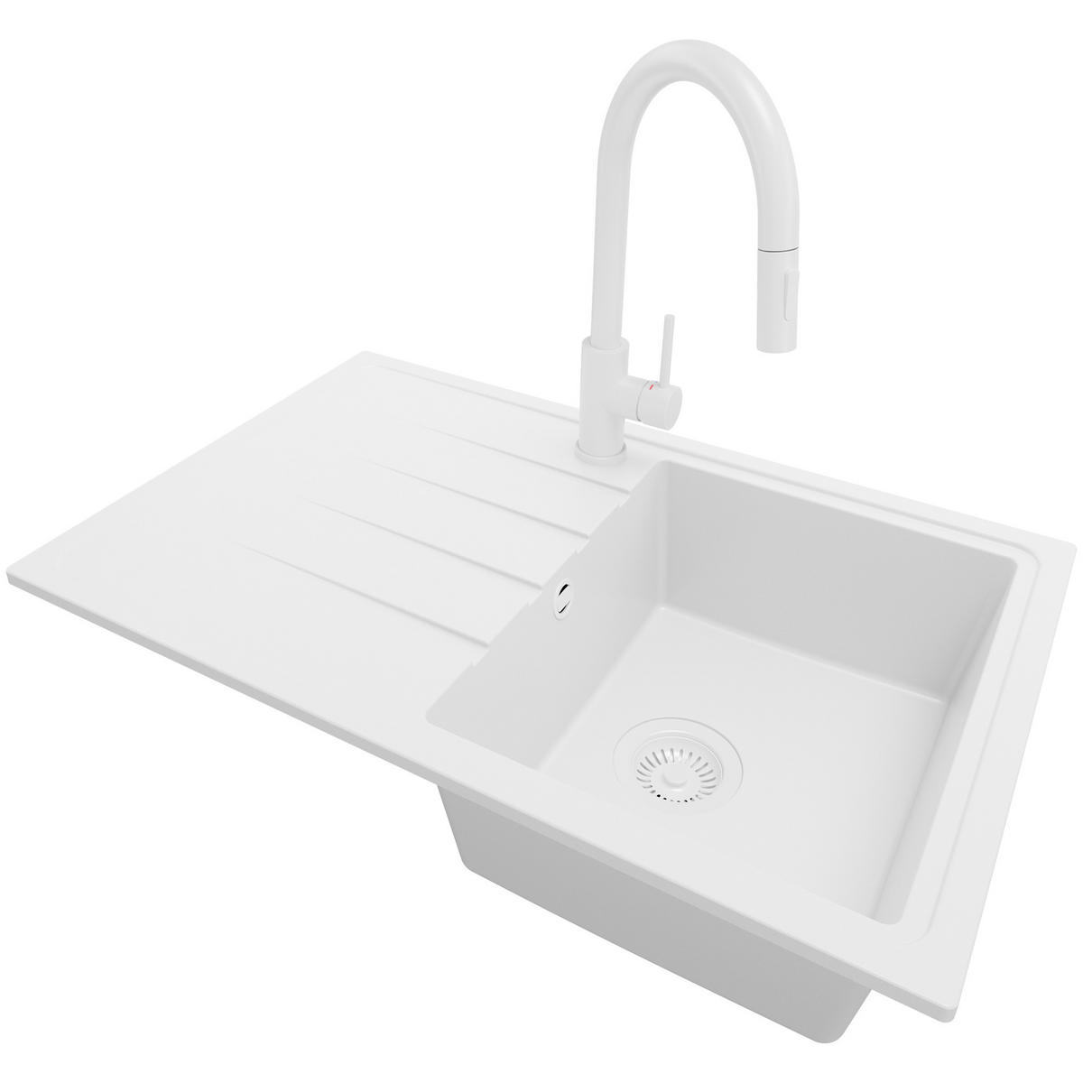 GRANITSPÜLE Mailand, 2-er set Alles Weiß 78/50 cm 1 Becken + Küchenarmatur 40/20 cm + Ablauf-Set ab 45er Unterschrank - Weiß, Kunststoff (78/19/50cm) - Primagran