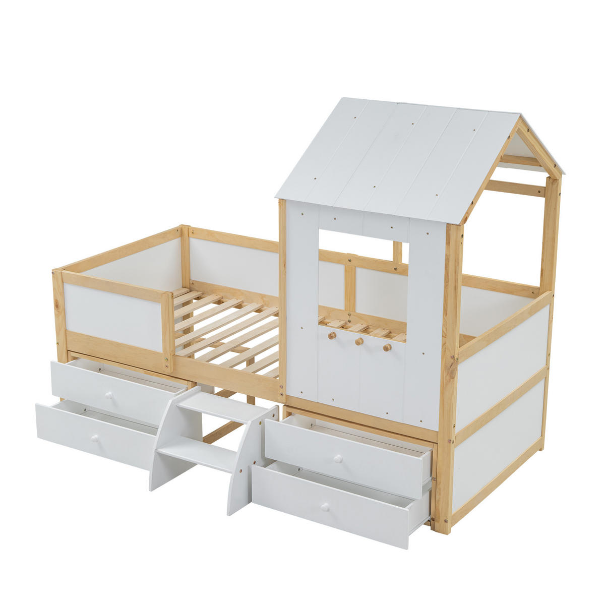 KINDERBETT 90/200 cm in Weiß & Natur mit 4 Schubladen und Treppe - Weiß/Naturfarben, Holz/Holzwerkstoff (90/200cm) - CHICFURN