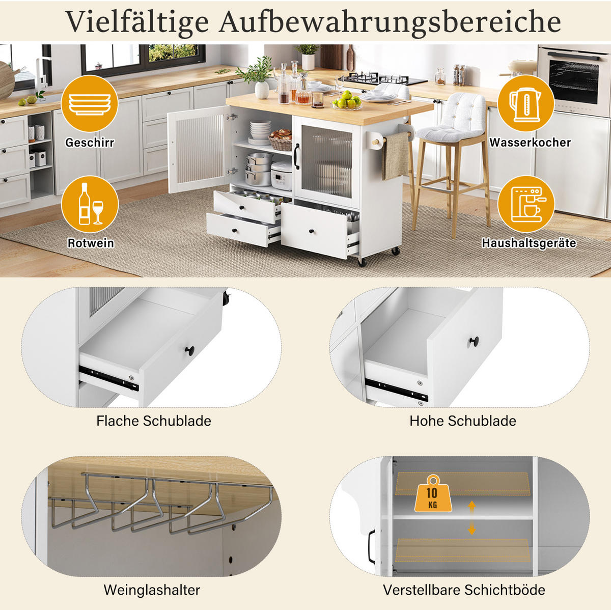 KÜCHENINSEL mit ausziehbarer Arbeitsfläche 100 cm Weiß/Natur - Weiß, Holz (42/91.5/100cm) - Beauniv