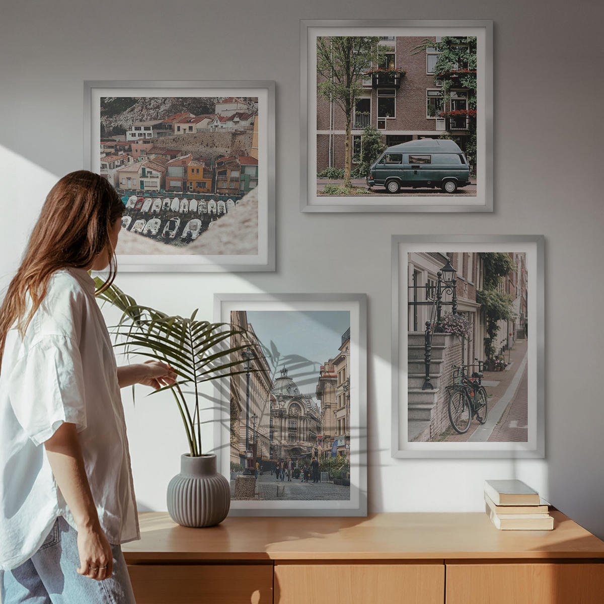 BILDER SET 4er Set - 50x50 cm & 40x60 cm Silberner Rahmen - Stadtansichten von Gebäuden - Silberfarben, Kunststoff (50/50cm) - TULUP