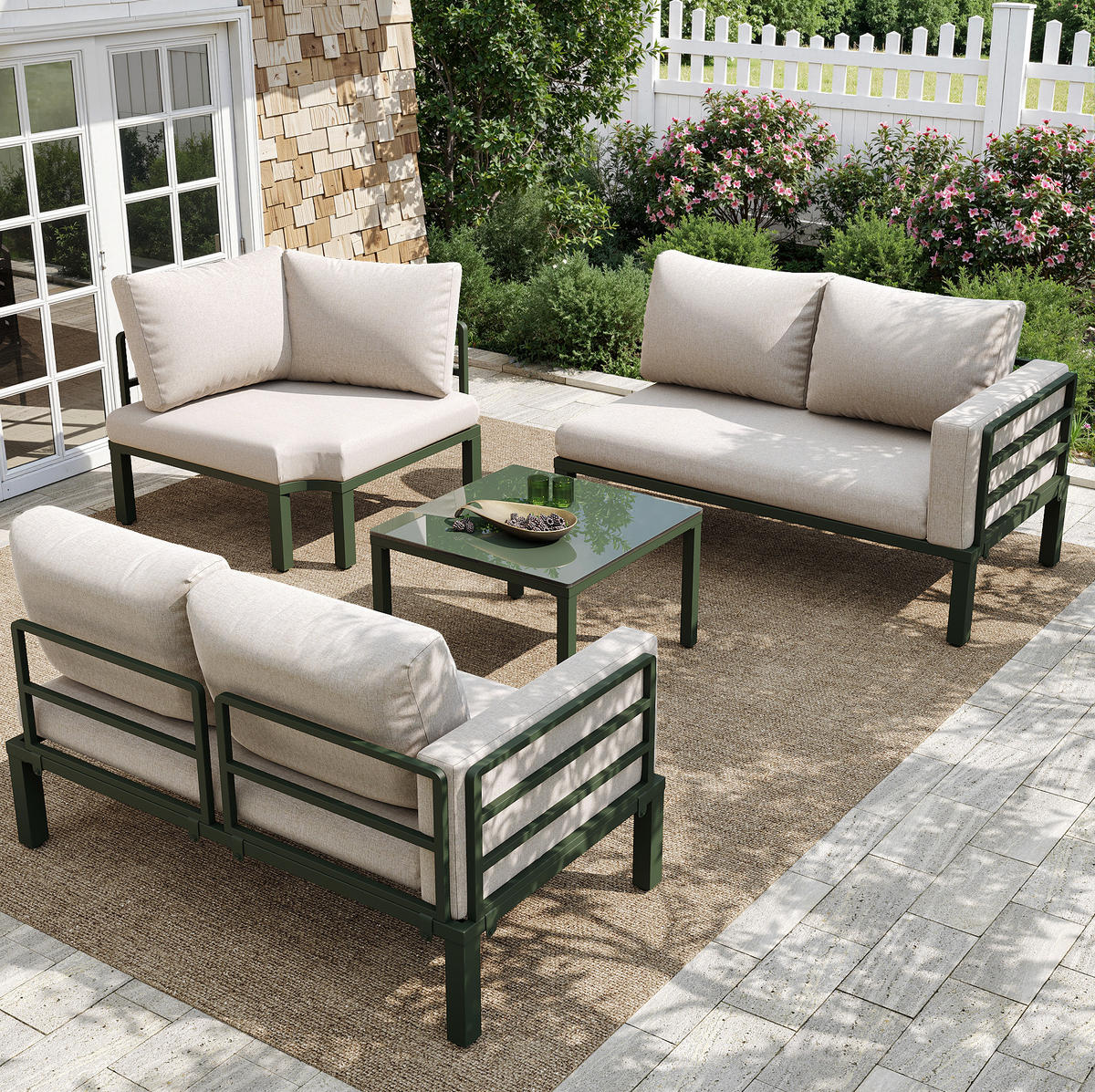 GARTENMÖBEL-SET aus Eisen mit Couchtisch aus gehärtetem Glas, 4-5 Sitzer, 114/60/70,5 cm, Beige - Beige, Metall - Redom