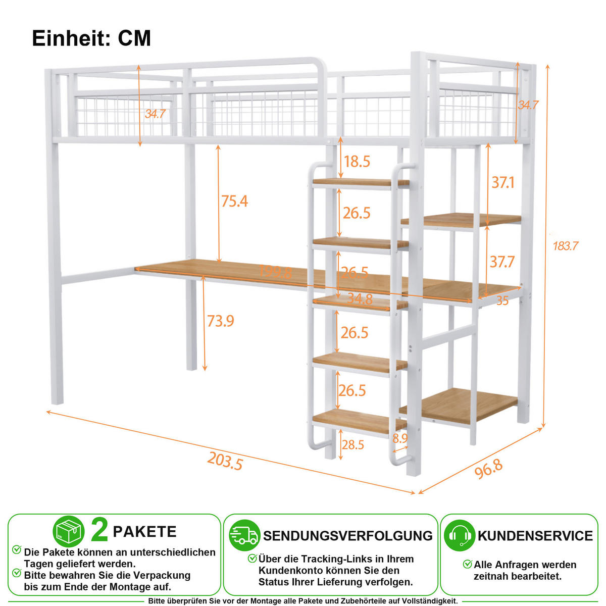 HOCHBETT 90/200 cm in Weiß mit Leiter, Tisch und Regal - Weiß, Metall (90/200cm) - CHICFURN