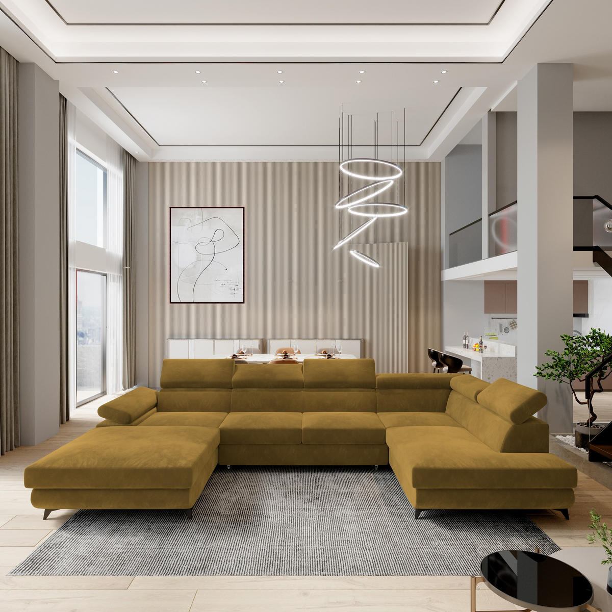 ROHOVÁ SEDAČKA RUBANO žlutá - černá/žlutá, kov/dřevo (339/190cm) - MASSENO