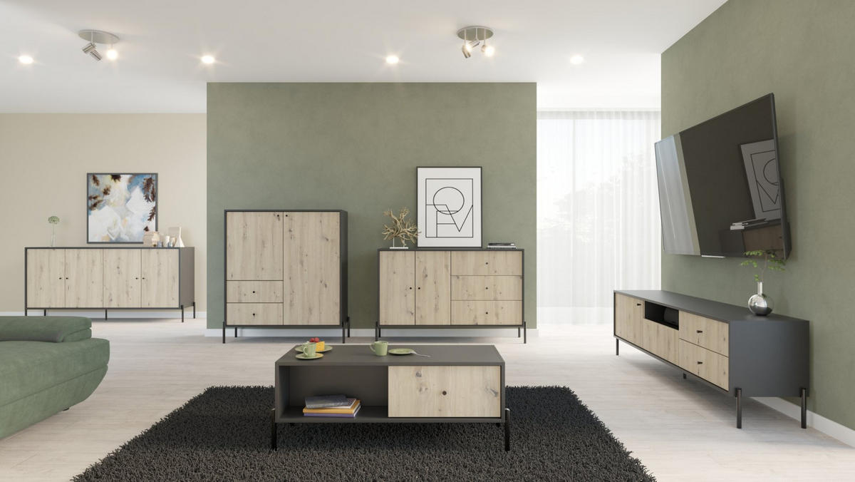SIDEBOARD Raviero Schwarz/Artisan Eiche, 200 cm - Beige/Schwarz, Holzwerkstoff/Metall (200/98/40cm) - Selsey