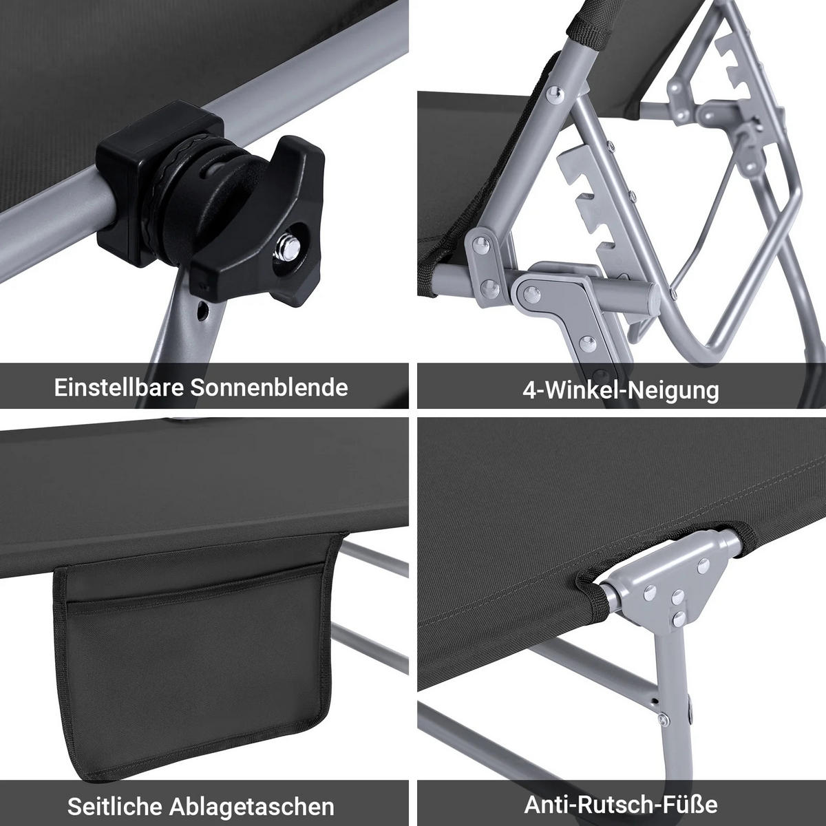 GARTENLIEGE Schwarz mit Seitentasche - Schwarz, Textil/Metall (155/56cm) - Kaket