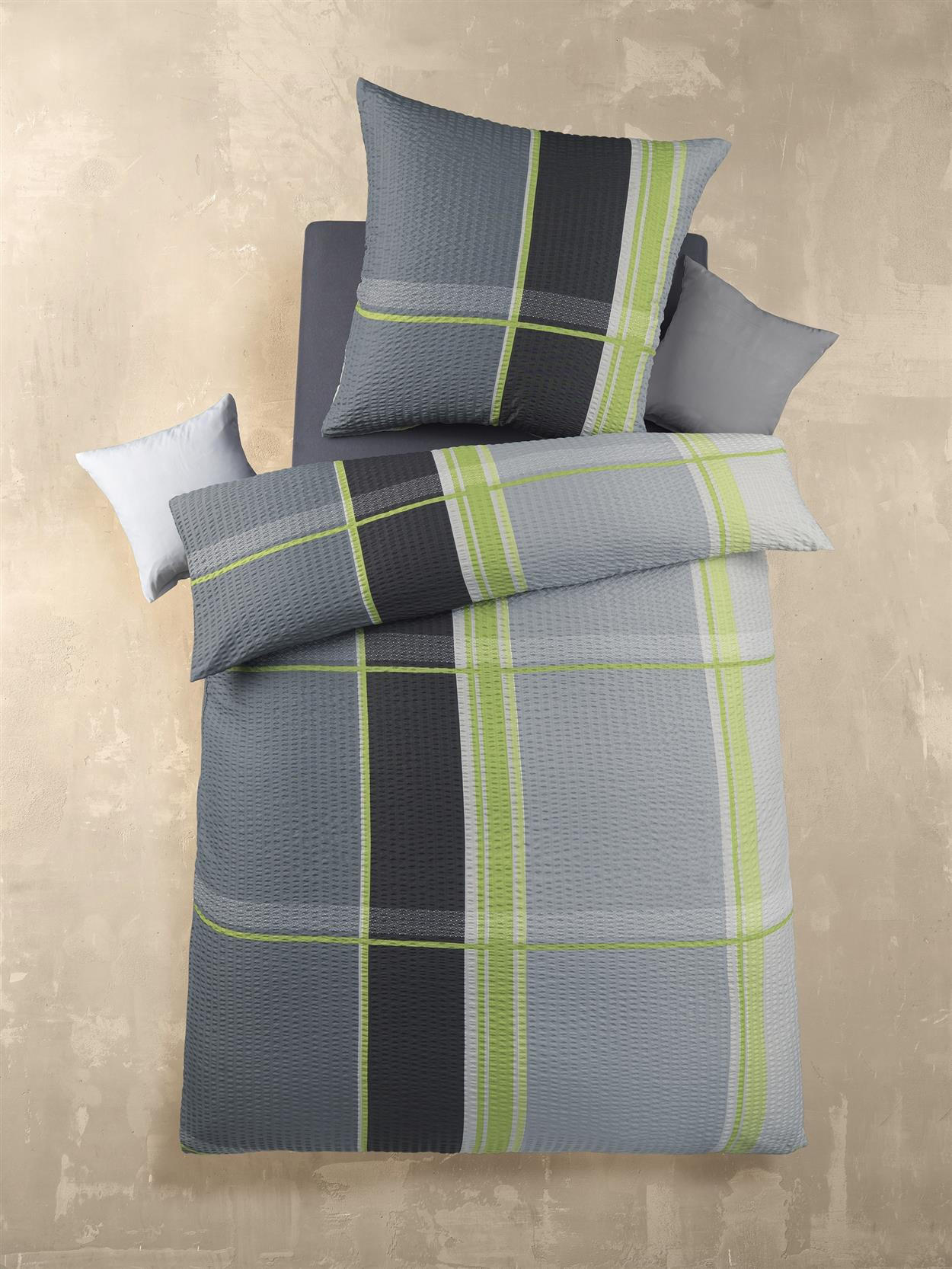 SEERSUCKER-BETTWÄSCHE 135x200 Kariert Sommer Bettbezug Bügelfrei aus 100% Polyester, Mikrofaser Bettbezüge Grau Grün - Grün, Textil (135/200cm) - Carpe Sonno
