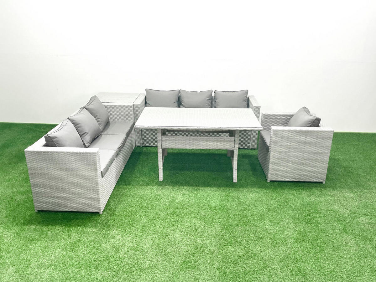 GARTENMÖBEL SET mit 3-Sitzer-Sofa und Sessel, Esstisch,Beistelltisch Polyrattan Hellgrau 7-Sitzer - Hellgrau/Grau, Glas/Kunststoff - Fimous