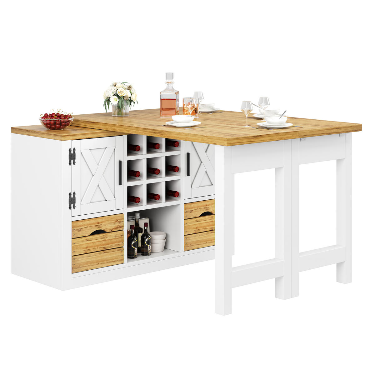 KÜCHENINSEL Weiß 120×40×72 cm ausziehbar mit Sideboard, 360° drehbarer Tischplatte und Stauraum aus Holzwerkstoff - Weiß, Holzwerkstoff (120/72/40cm) - Luhomfu