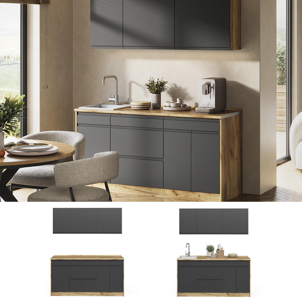 SINGLEKÜCHE R-Line, Anthrazit/Goldkraft Eiche, 160 cm Arbeitsplatte Weiß - Eichefarben/Anthrazit, Holzwerkstoff (160/81.6/60cm) - Vicco