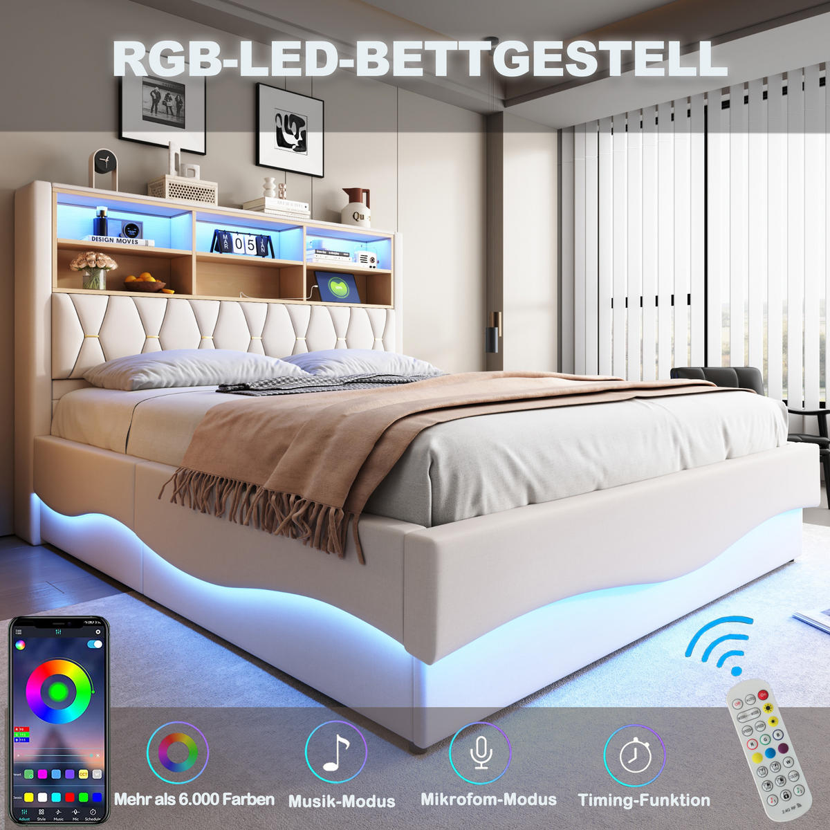 POLSTERBETT 180/200 cm in Beige Leinen mit Bettkasten, LED und USB - Beige, Holzwerkstoff/Textil (180/200cm) - WISHDOR