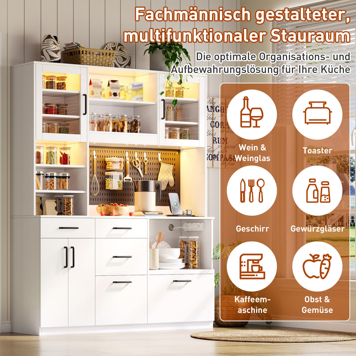 BUFFET DE-38693 105/40/185 cm LED-Beleuchtung und 5 Schubladen Weiß - Weiß, Holzwerkstoff (145/185/40cm) - ComfortXL