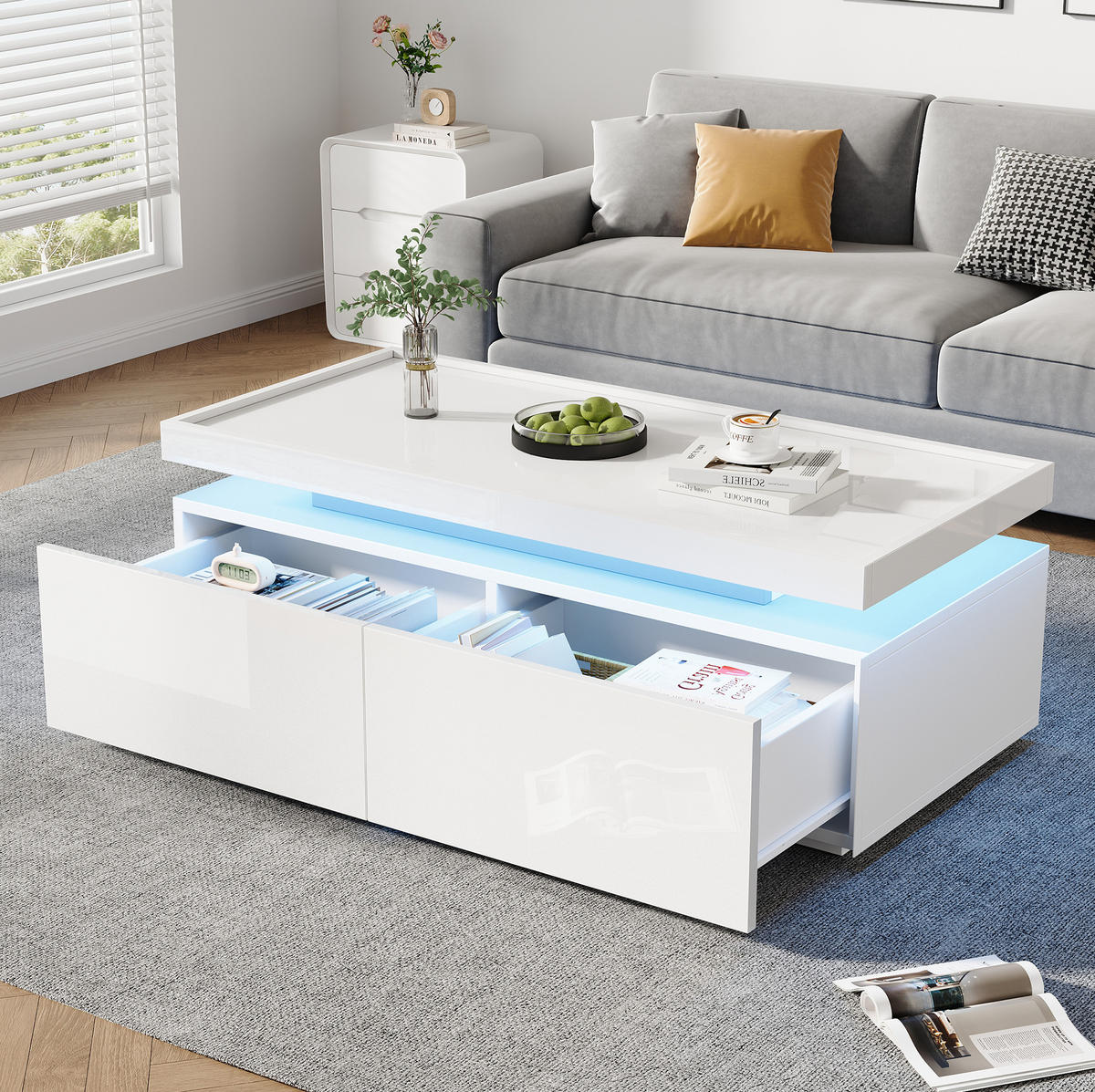 COUCHTISCH aus Spanplatte 95x45x35 cm Weiß mit LED-Beleuchtung, 2 Schubladen und Ablage - Weiß, Holzwerkstoff (95/45/35cm) - IVMEU