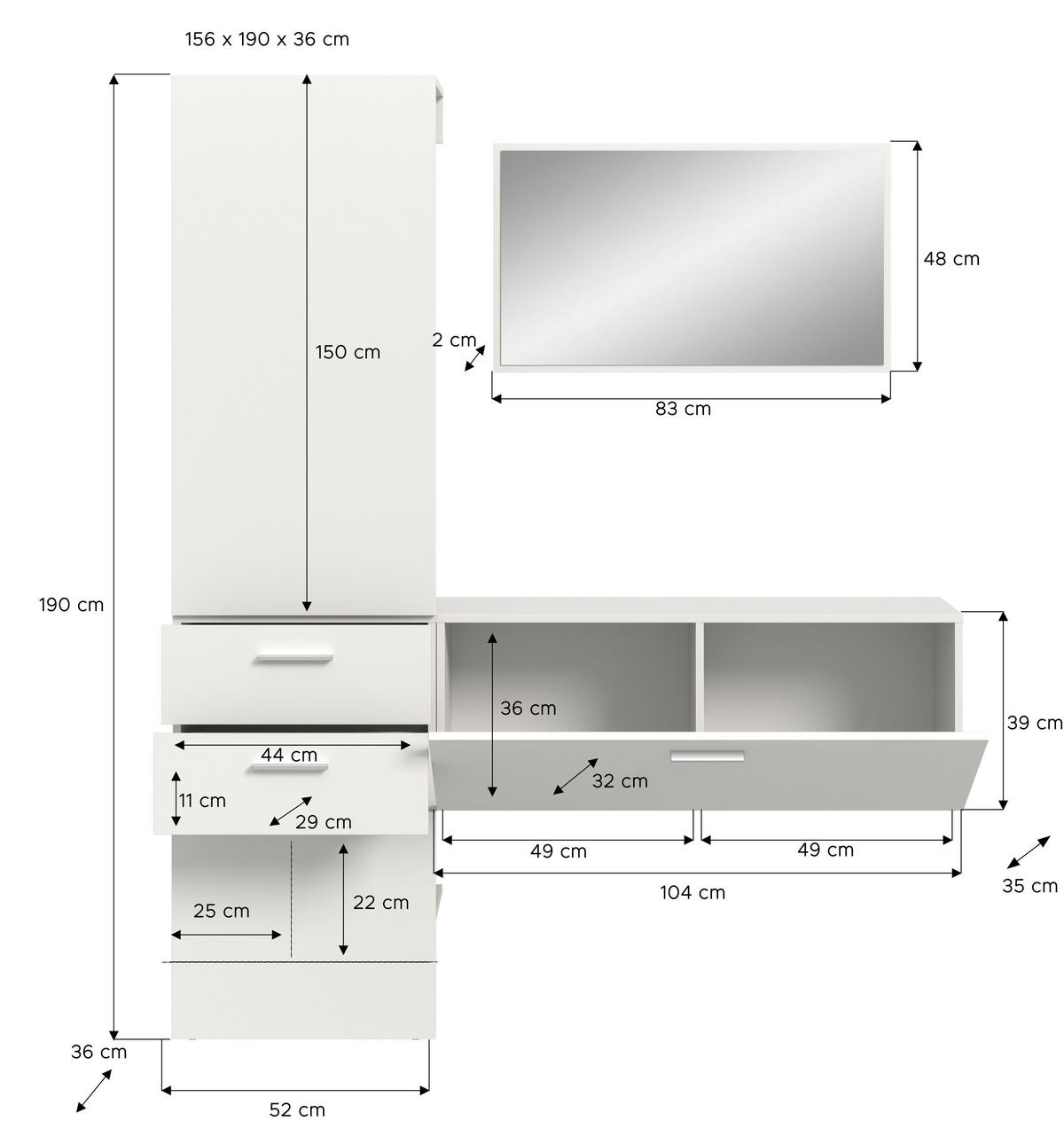 GARDEROBEN-SET VAGA 3-tlg. (B/H/T: ca. 156/190/36 cm) in weiß/weiß - Weiß, Holzwerkstoff (156/190/36cm)