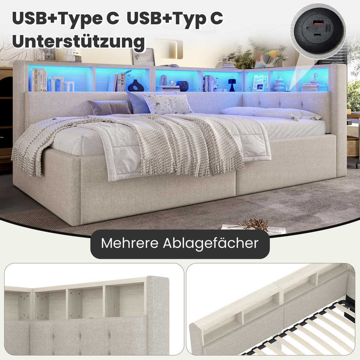 SCHLAFSOFA 90/200 cm in Beige Leinen mit Bettkasten, LED, USB und Type-C - Beige, Holzwerkstoff/Textil (90/200cm) - WISHDOR