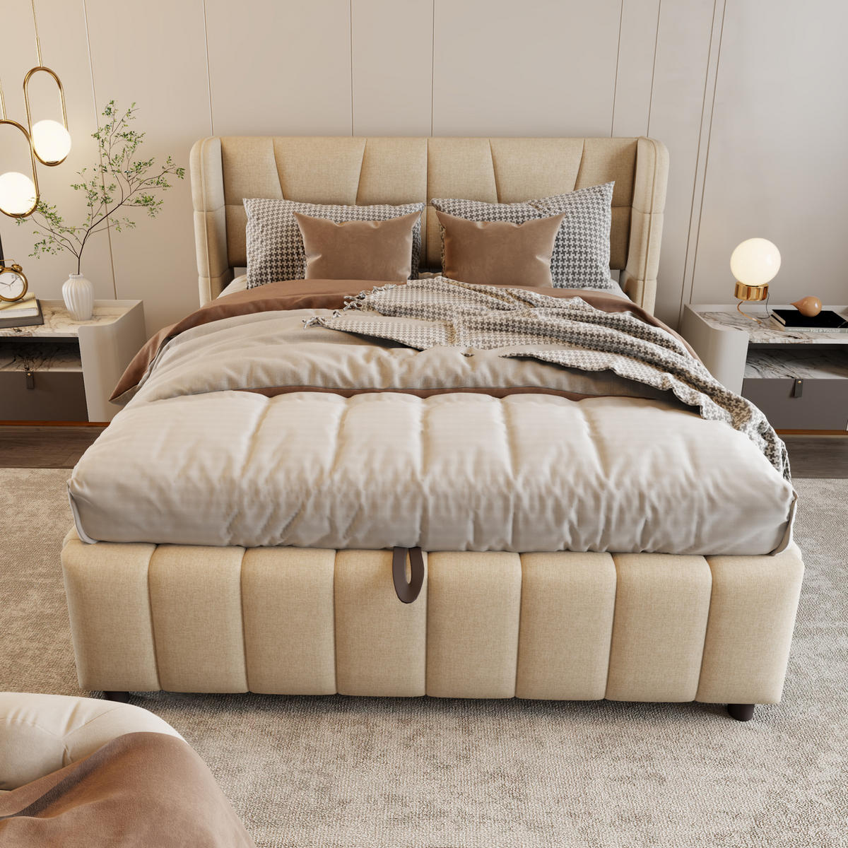 POLSTERBETT 140/200 cm aus Stoff mit Stauraum und gepolstertem Kopfteil Beige - Beige, Textil (140/200cm) - Modenvie